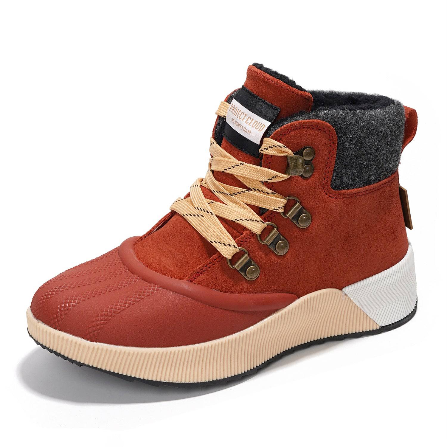 Project Cloud Terina Boots: Rust suede waterproof boots with beige laces, memory foam.