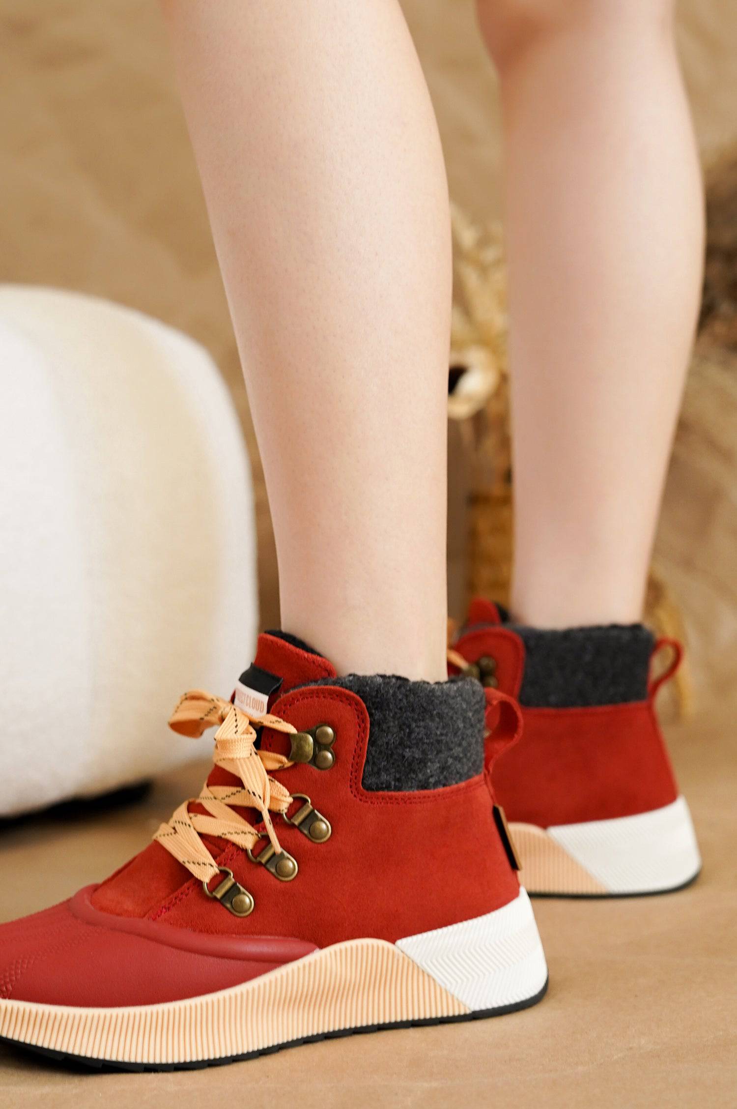 Project Cloud Terina Boots in rust red suede with orange laces, gray trim, and white sole.
