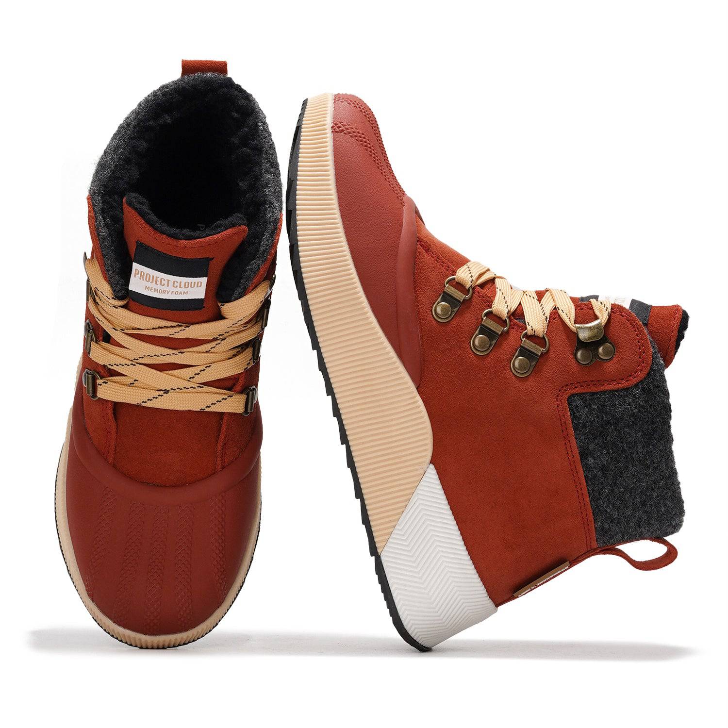 Project Cloud Terina Boots: Brown suede waterproof boots with memory foam comfort, tan laces, and faux fur lining.