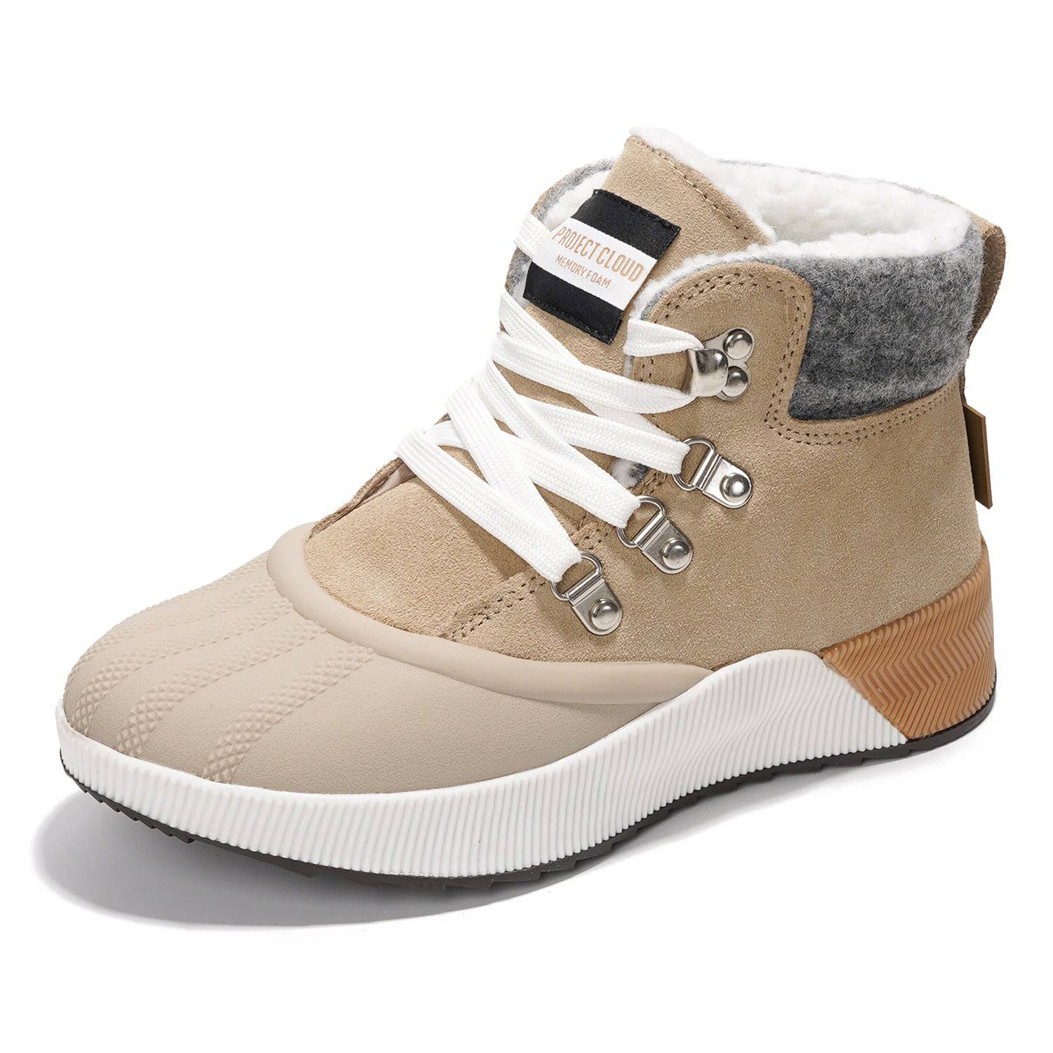 Project Cloud Terina Boots: Waterproof, insulated women's boots in beige suede, white laces, memory foam comfort