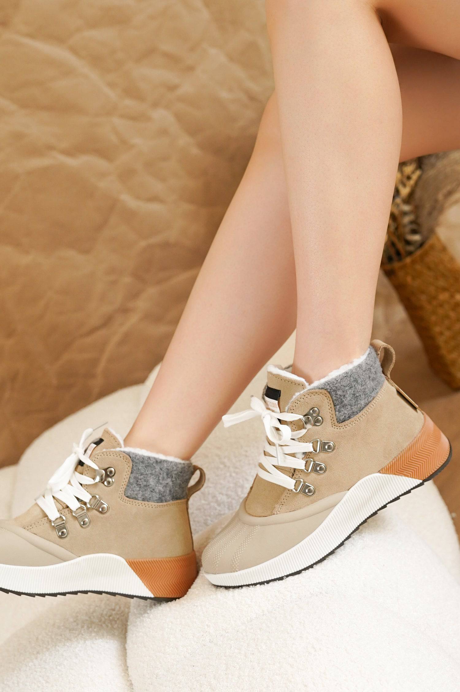 Project Cloud Terina Boots: Beige suede waterproof boots, white laces, memory foam, and insulation.