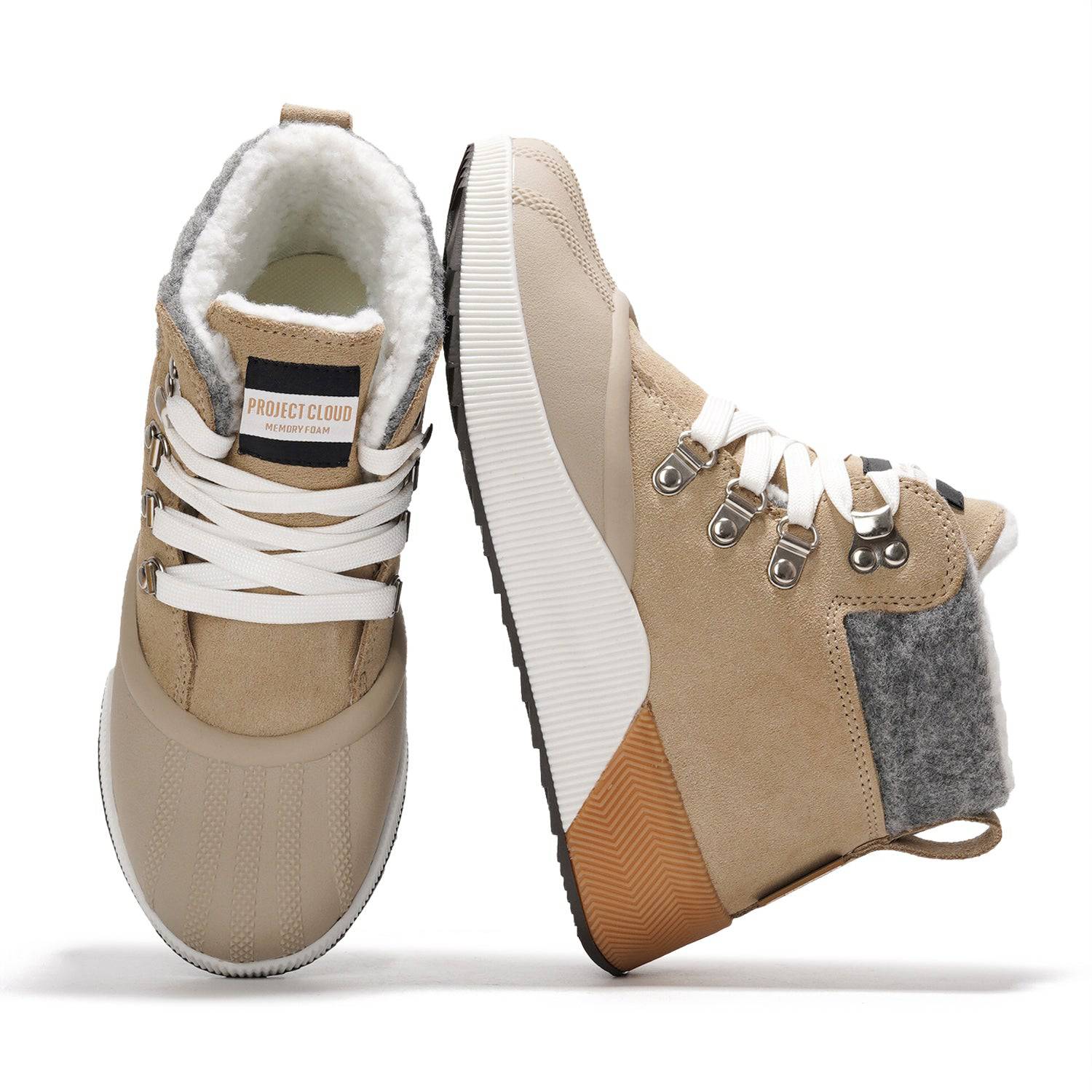 Project Cloud Terina Boots in beige with white laces, waterproof and insulated, memory foam comfort.