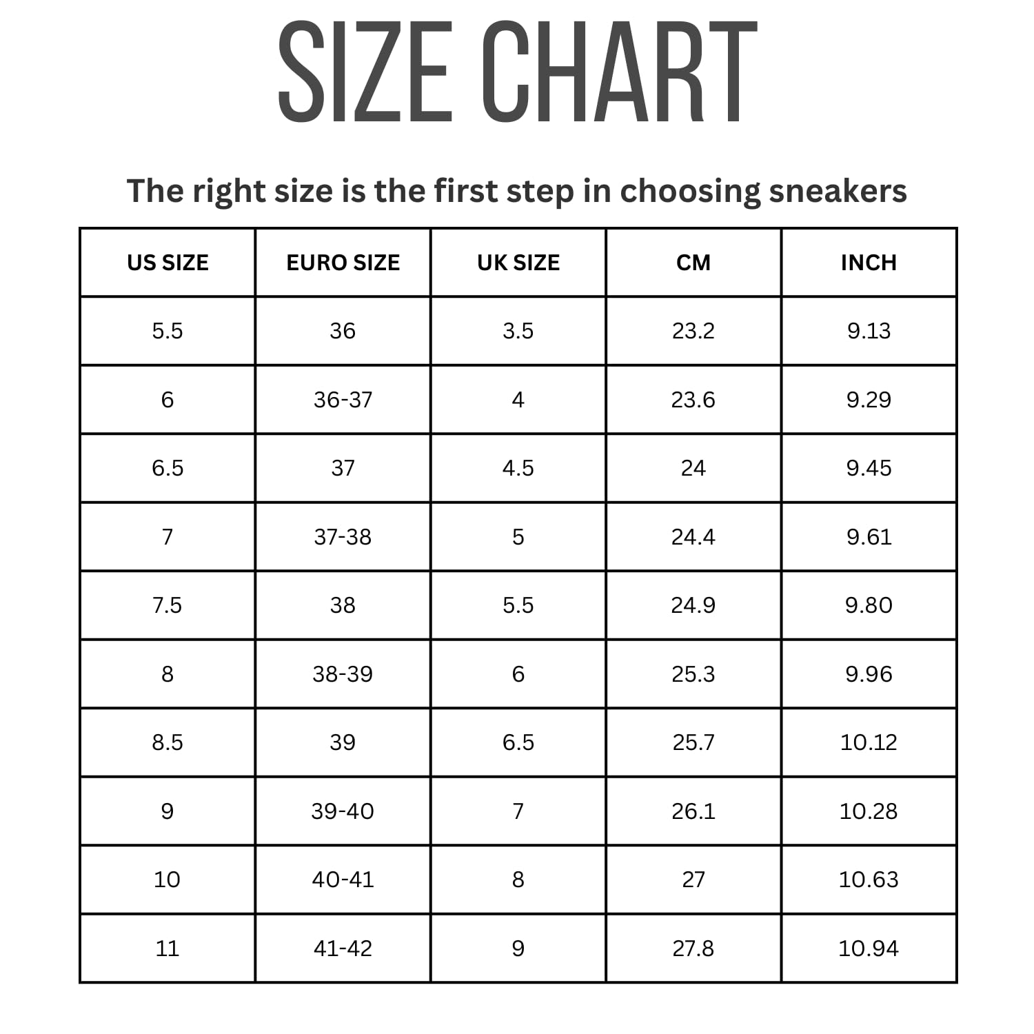 Project Cloud Tiger sneakers size chart, convert US, Euro, and UK sizes for accurate fitting.