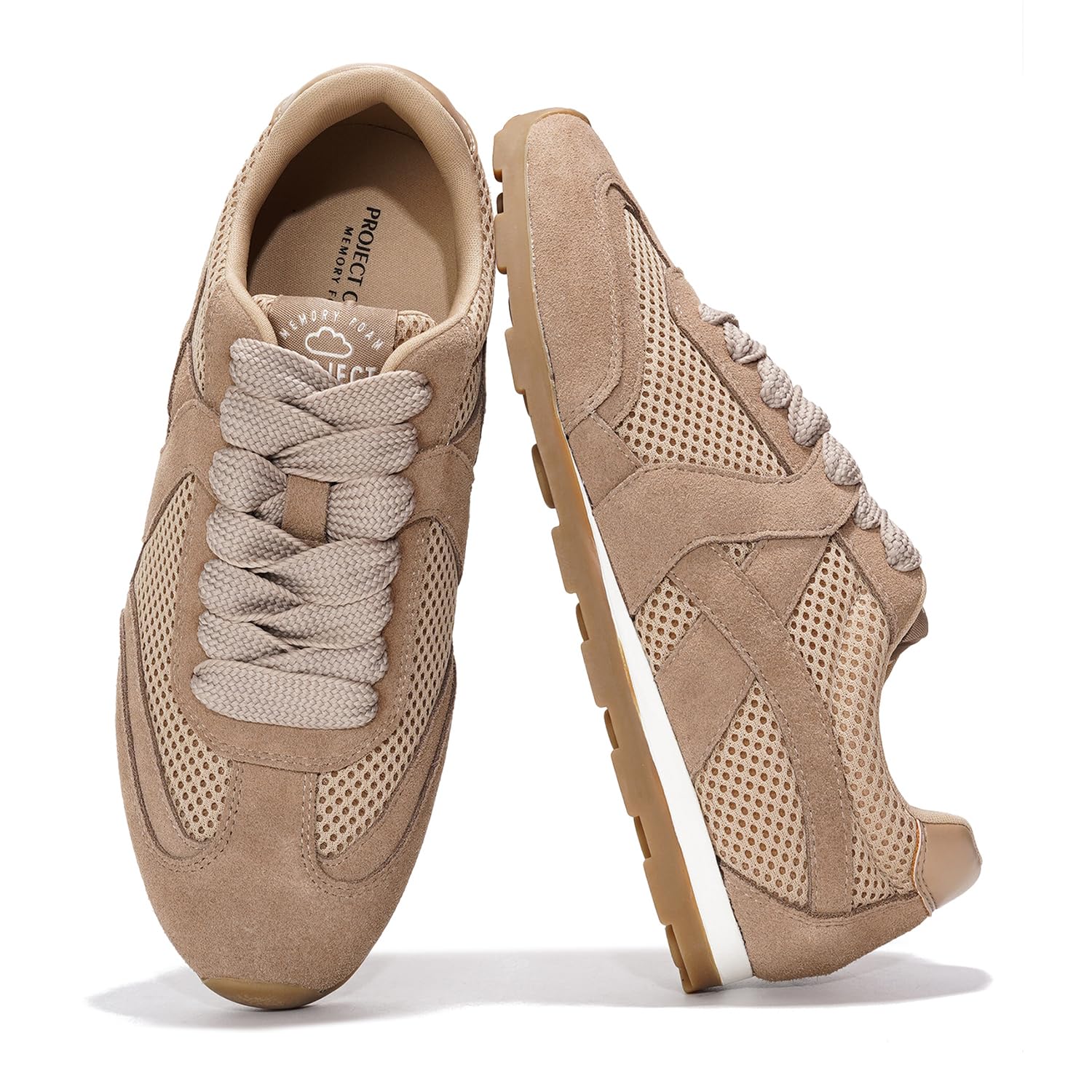 Project Cloud "Tiger" taupe sneakers with breathable mesh, suede upper and memory foam insole for comfort.