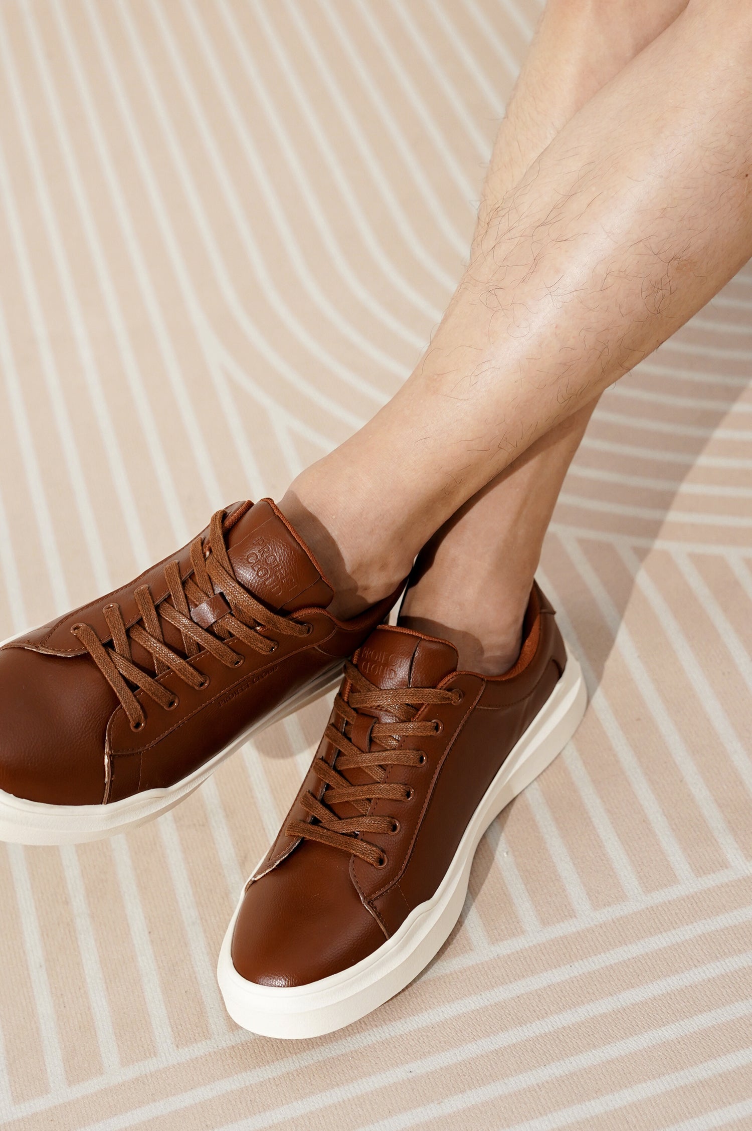 Project Cloud Tilton brown vegan leather sneakers for men, stylish design with white sole, memory foam comfort.