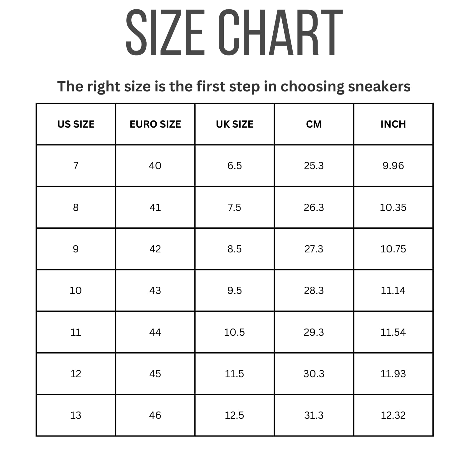 Project Cloud Tilton sneaker size chart: US, Euro, UK, CM, and Inch sizes for men's vegan leather sneakers