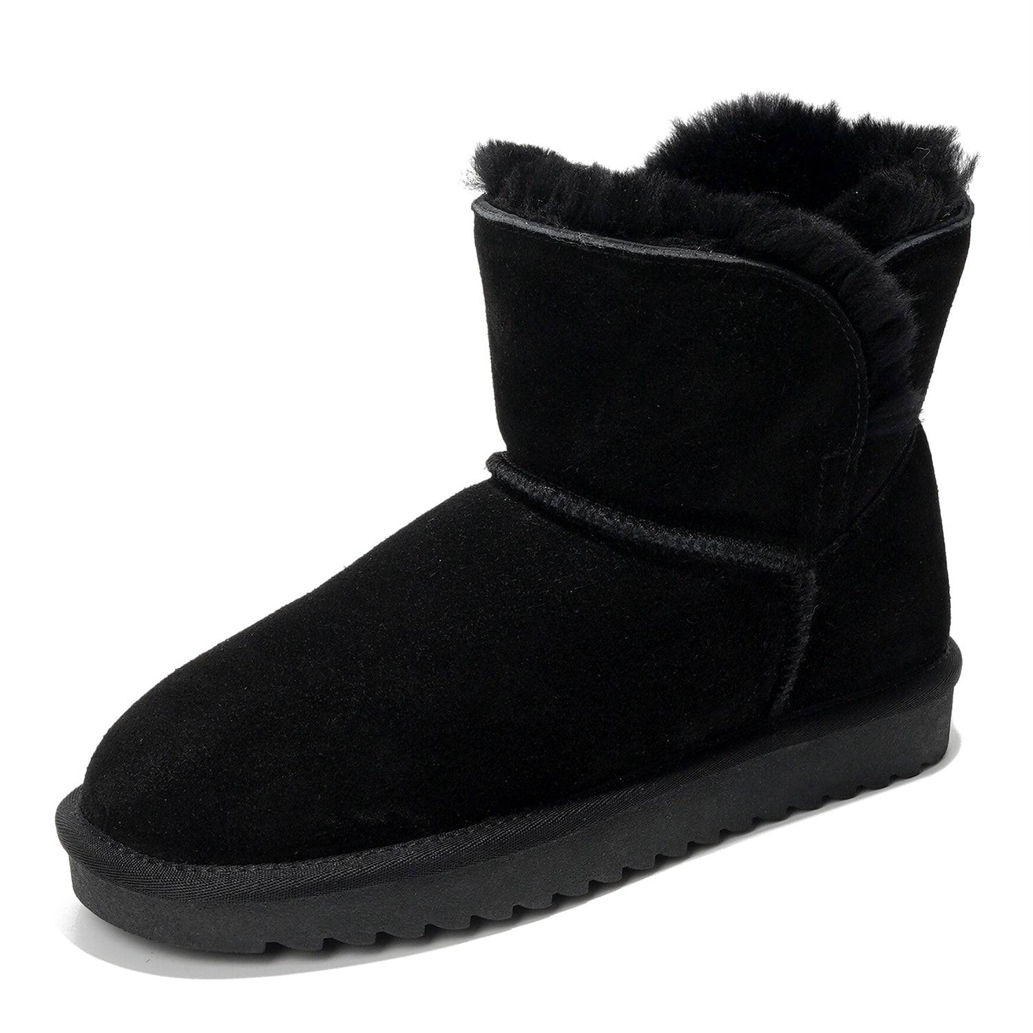 Project Cloud Timmy Mini Boots in black suede leather, fur-lined ankle boots for women, perfect for winter.