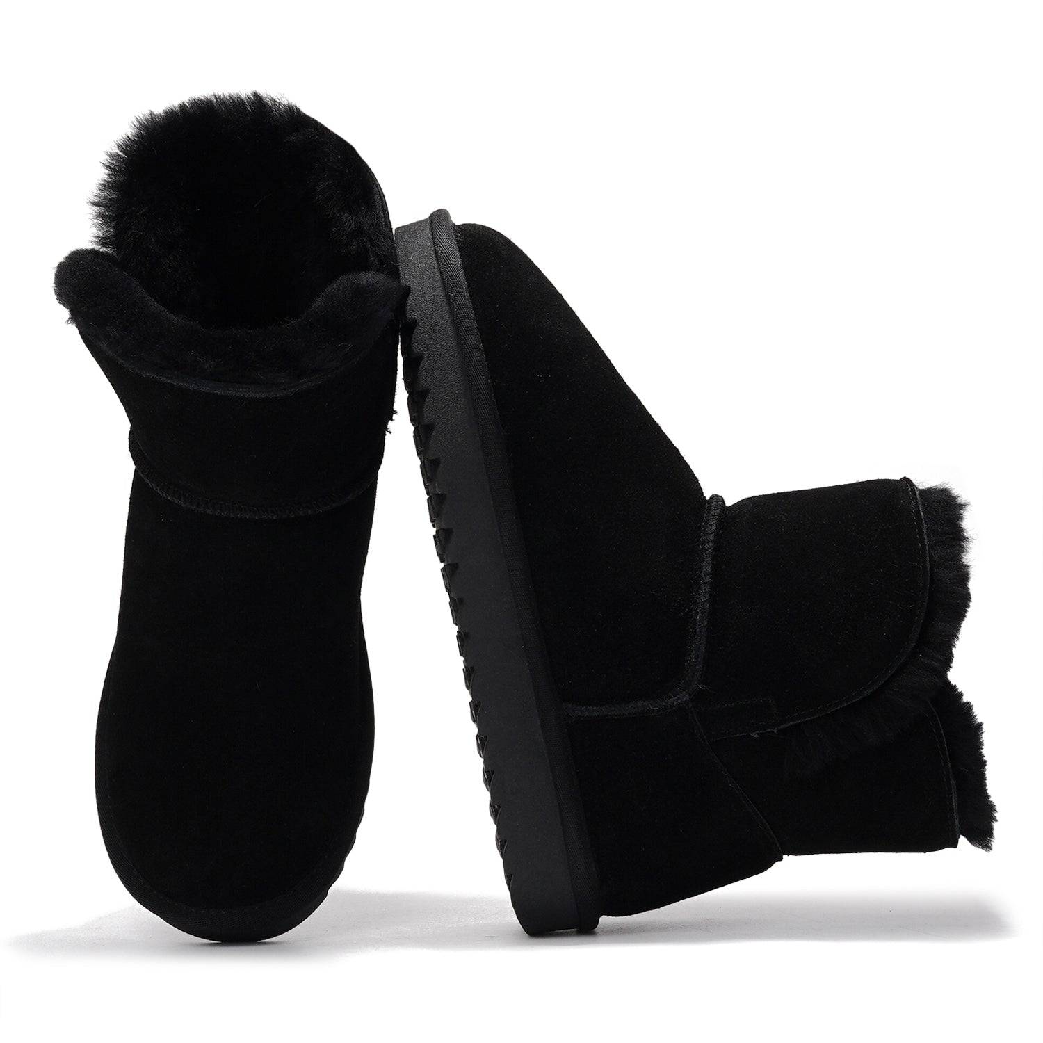 Project Cloud Timmy Mini Boots: Black suede leather fur-lined ankle boots for women