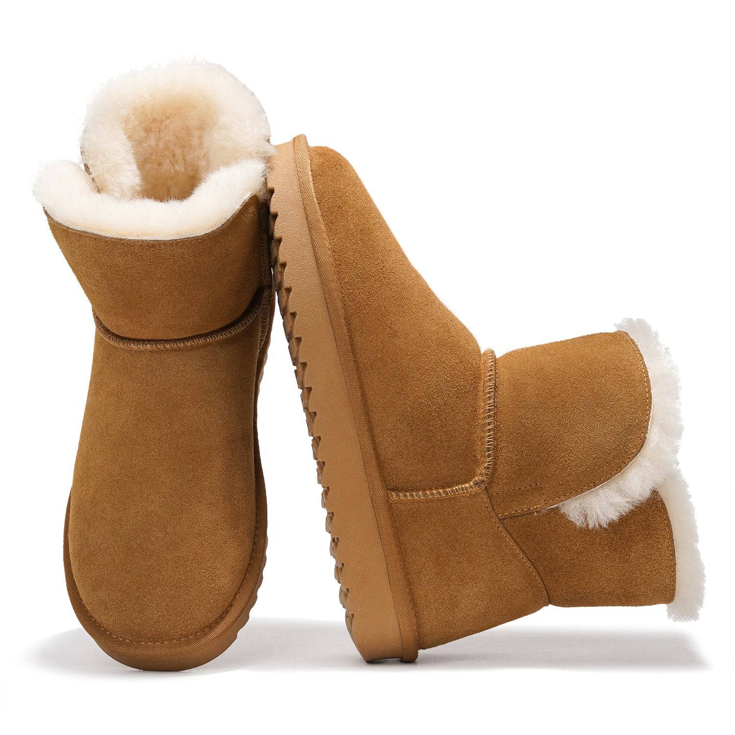 Project Cloud Timmy Mini Boots: Brown suede leather fur-lined ankle boots for women