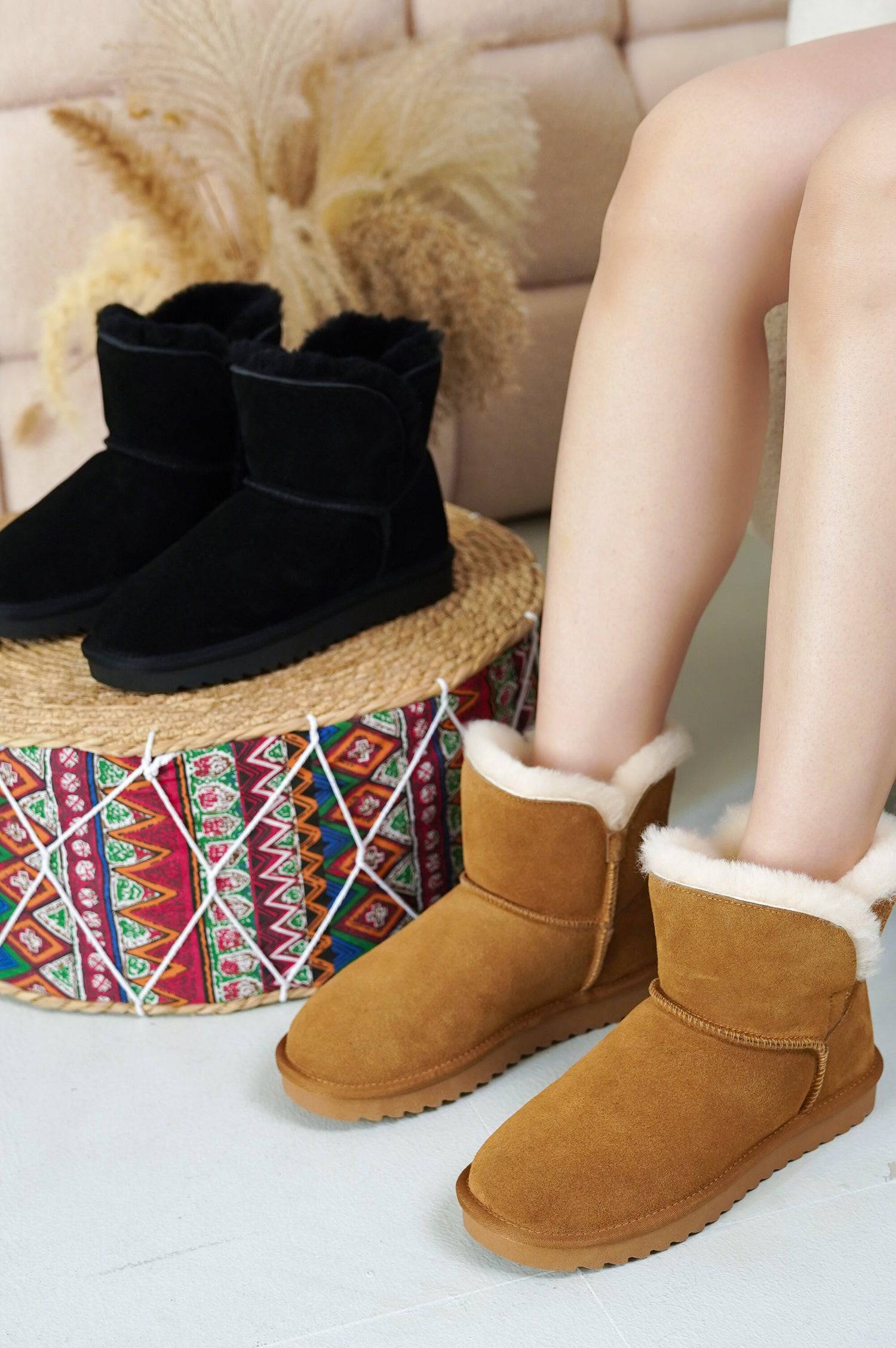 Project Cloud Timmy Mini Boots: Brown and black suede ankle boots with fur lining and memory foam.