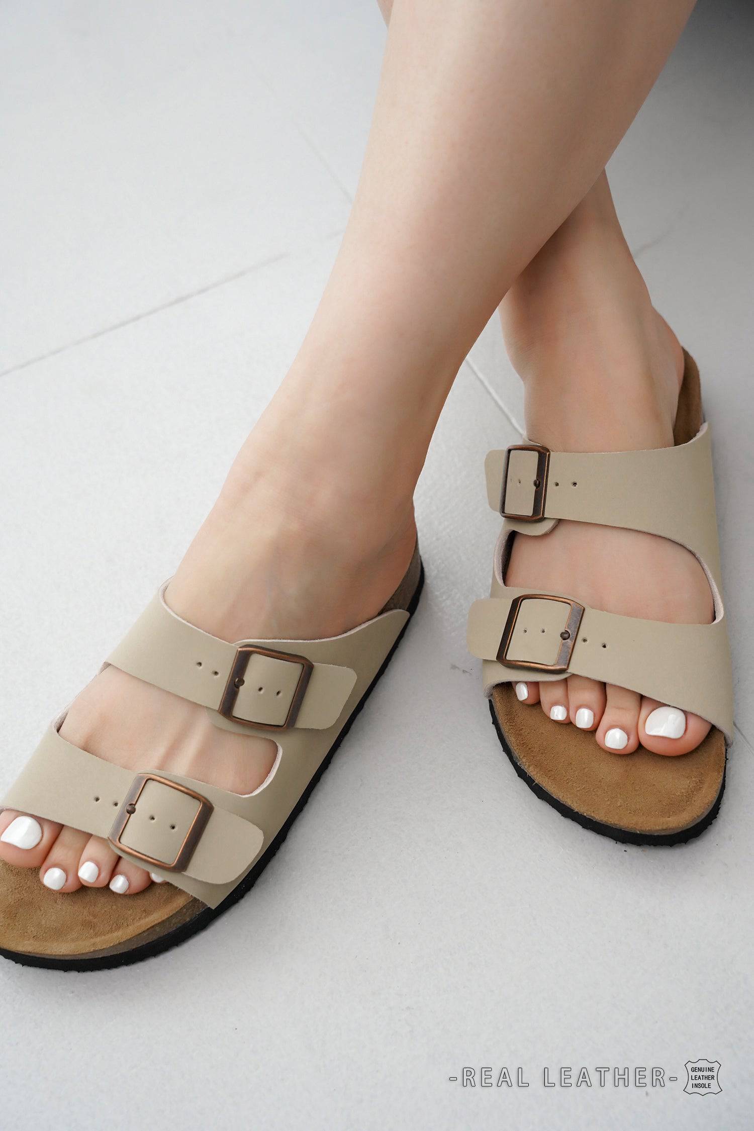 Project Cloud Beige Leather Sandals with Adjustable Straps and Cork Footbed