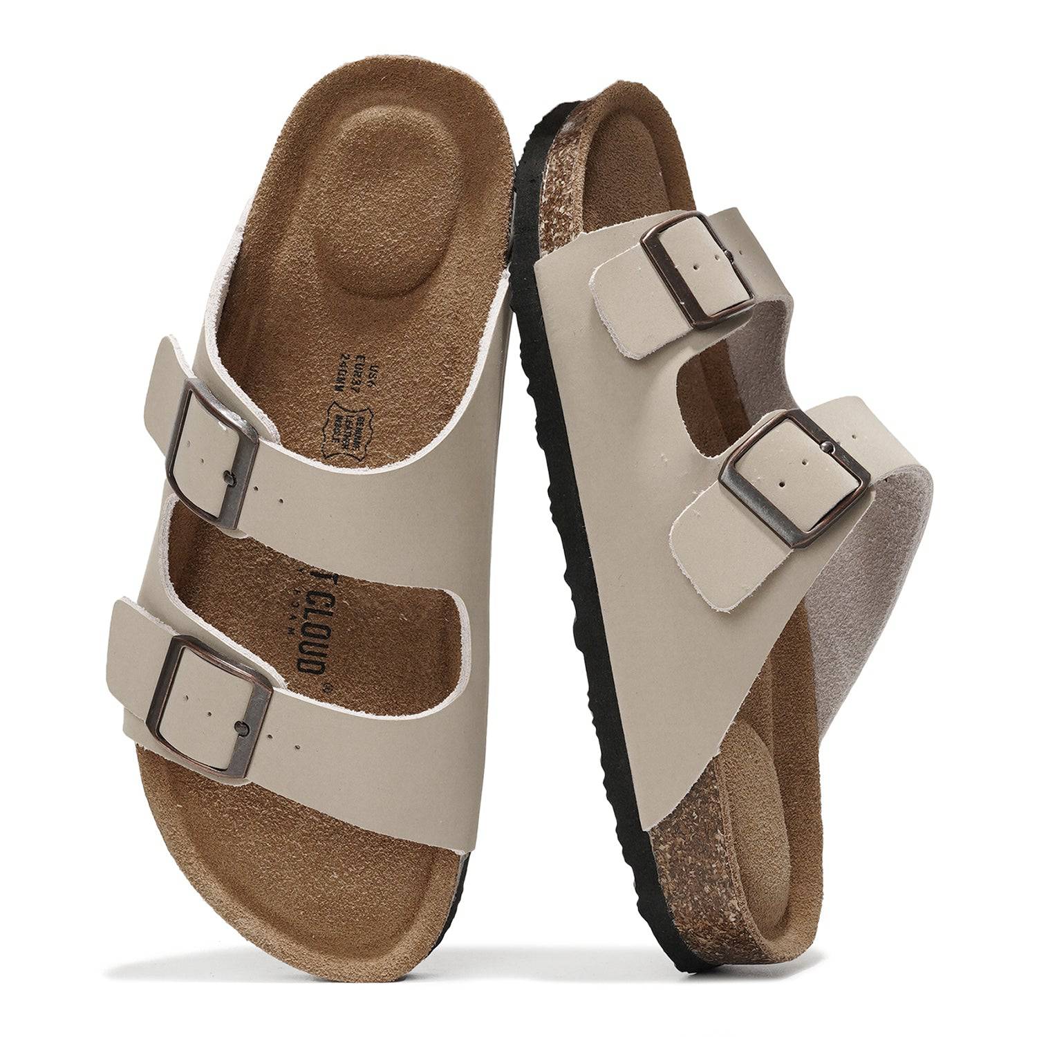 Project Cloud Venita Leather Sandals in Beige. Adjustable buckle straps, cork footbed, and durable sole. Memory foam comfort.