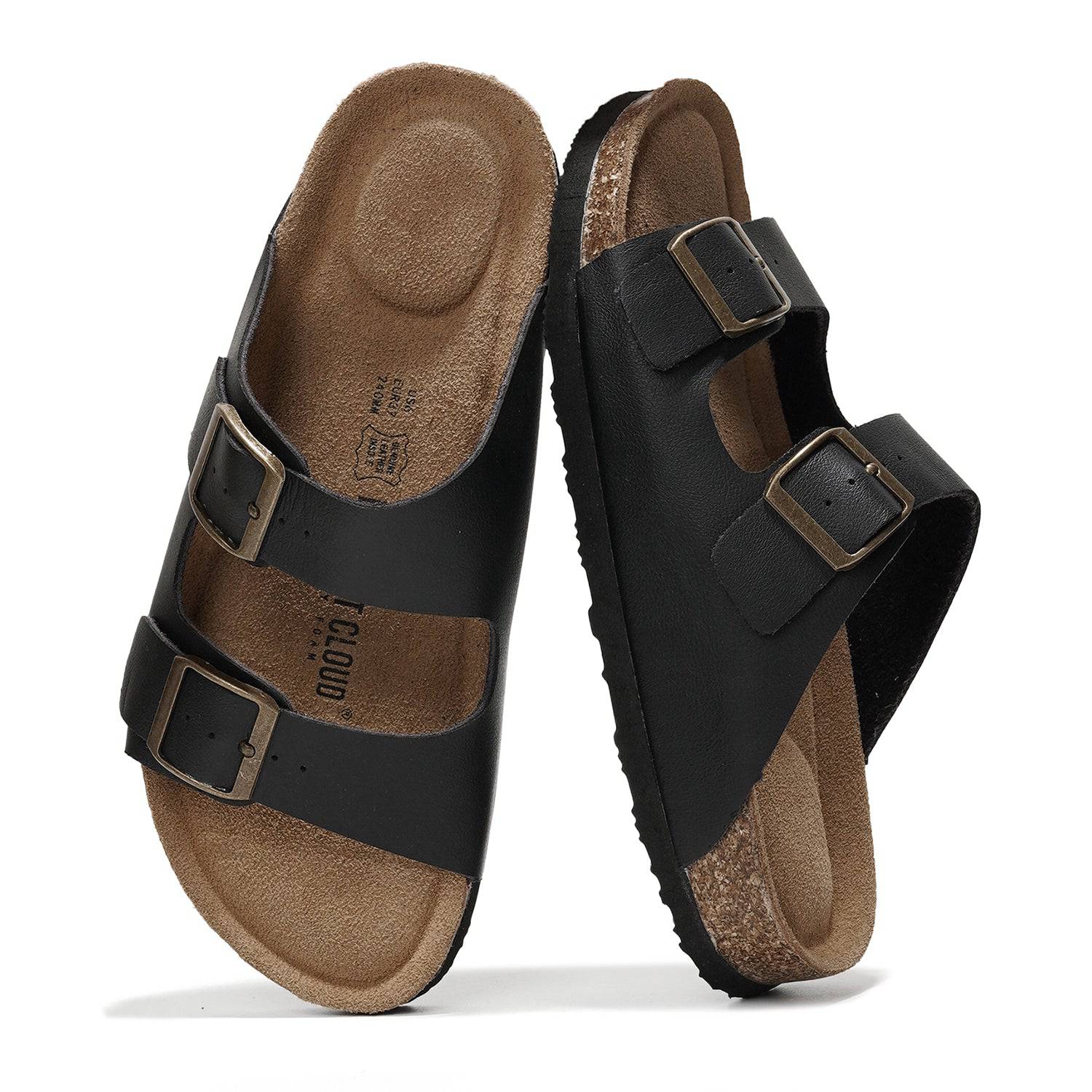 Project Cloud Venita Black Leather Sandals. Adjustable buckle straps, cork footbed, and branded insole.