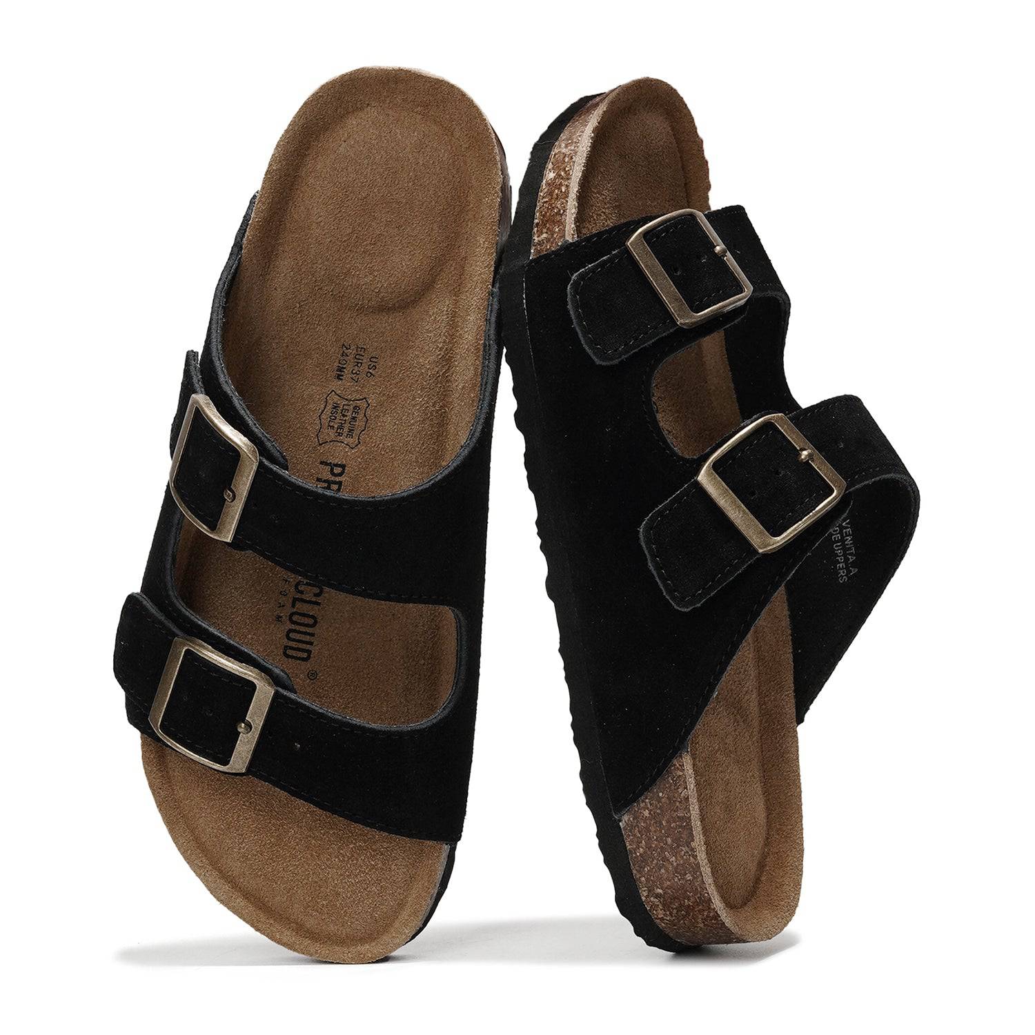 Project Cloud Venita Black Leather Sandals with Adjustable Buckle Straps