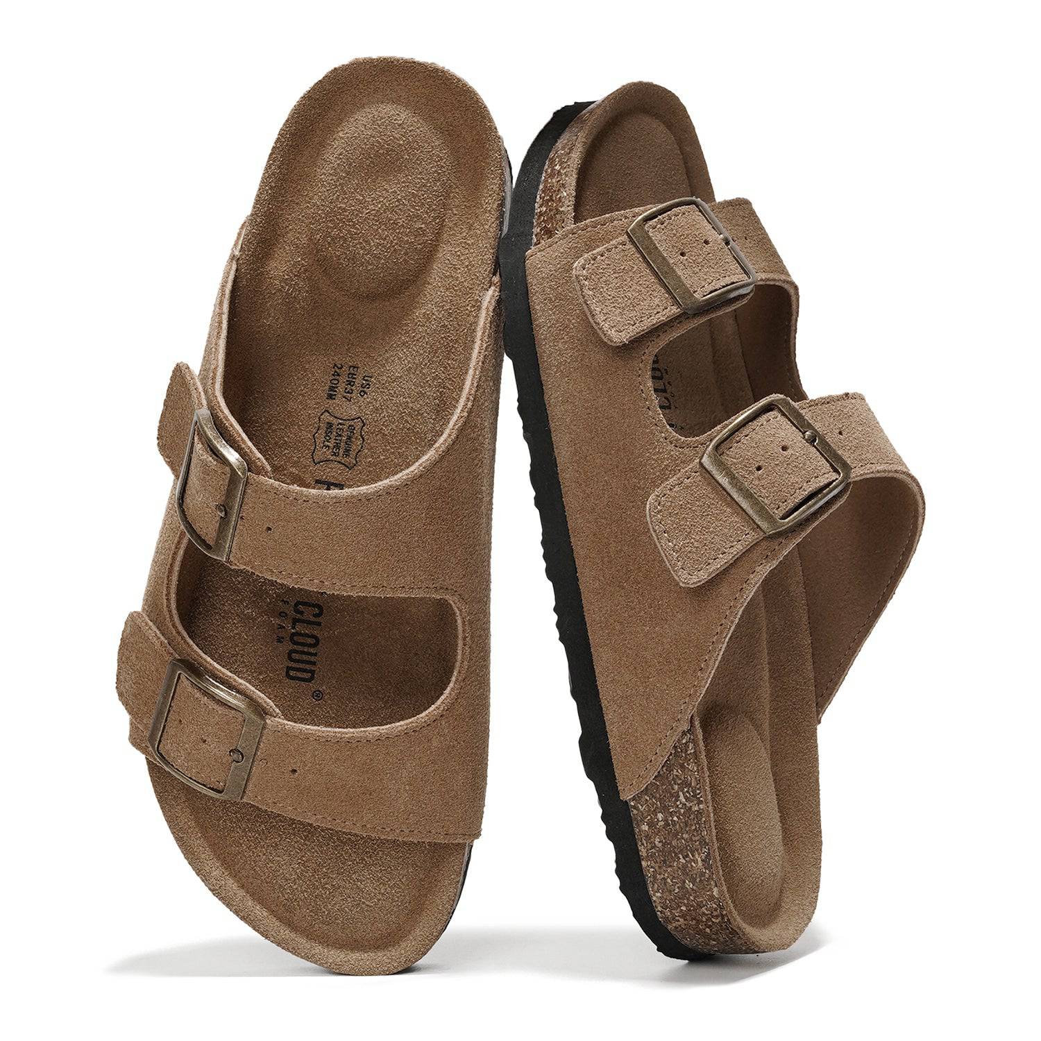 Project Cloud Venita brown leather sandals, adjustable straps, cork footbed, for women. Genuine suede leather.