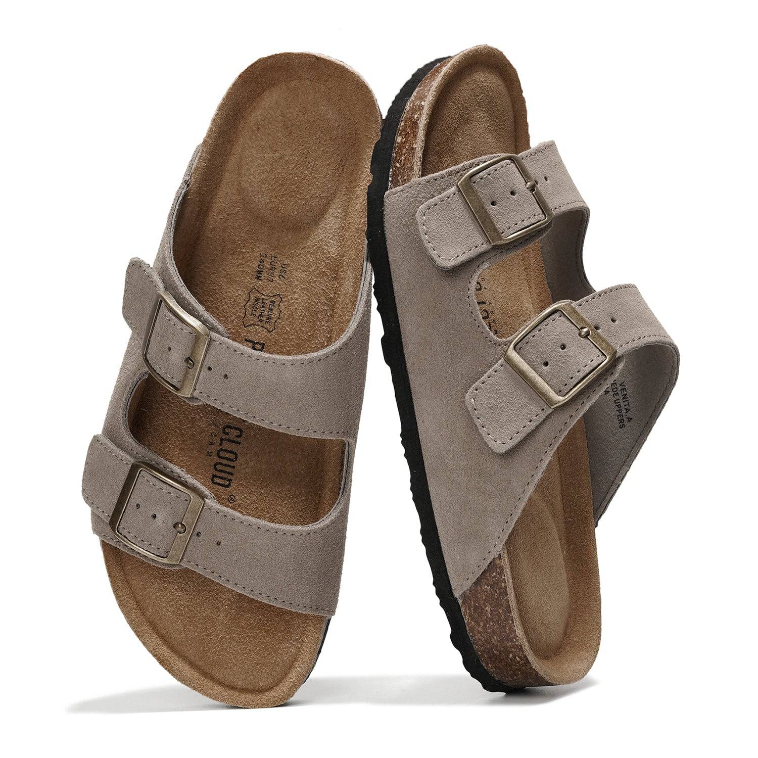 Project Cloud Venita Suede Sandals in Taupe. Adjustable buckle straps, cork footbed, and summer essential.