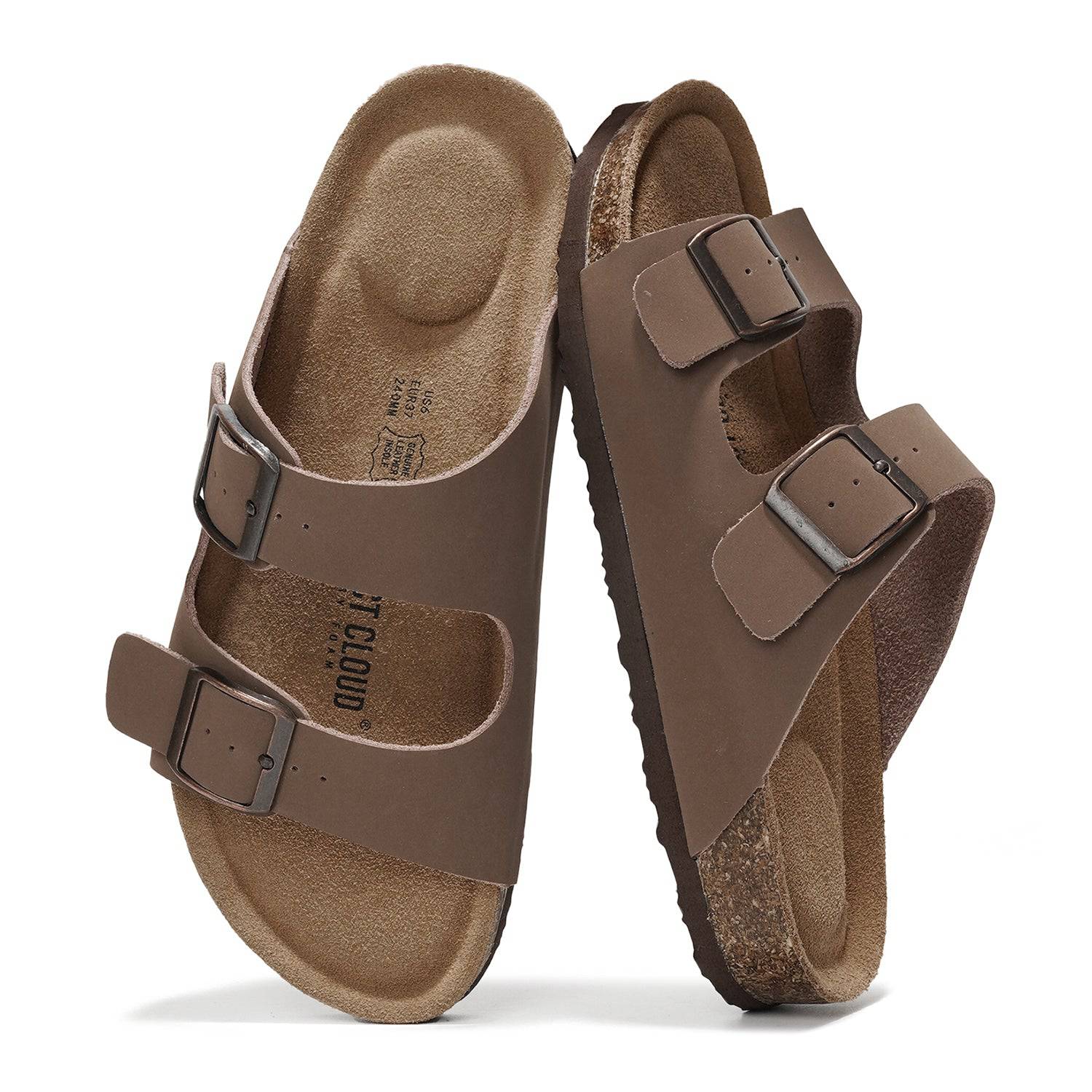 Project Cloud Venita Brown Leather Sandals. Adjustable buckle straps, cork footbed, summer essential.