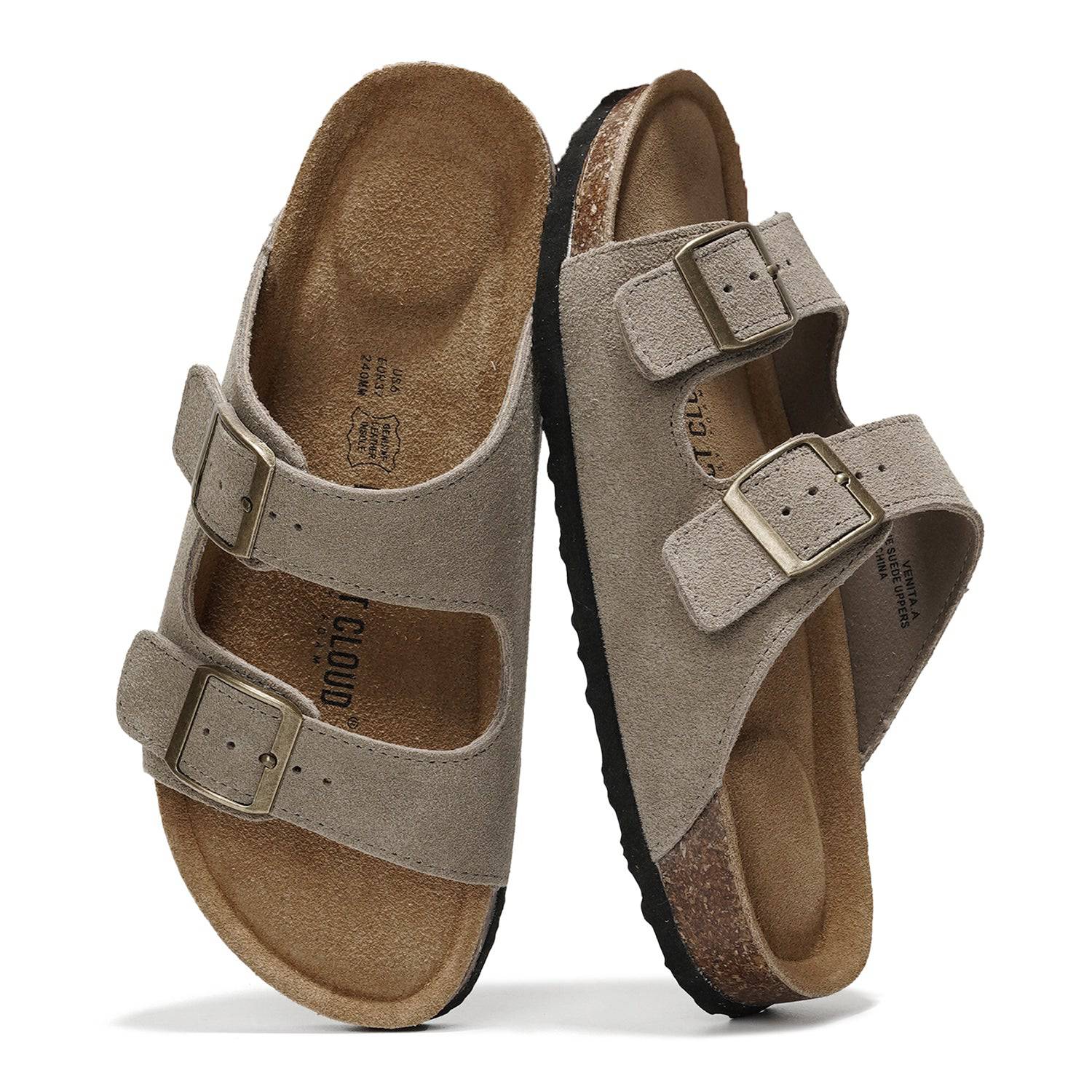 Project Cloud Venita Beige Suede Sandals. Adjustable buckle straps, cork footbed, summer essentials.