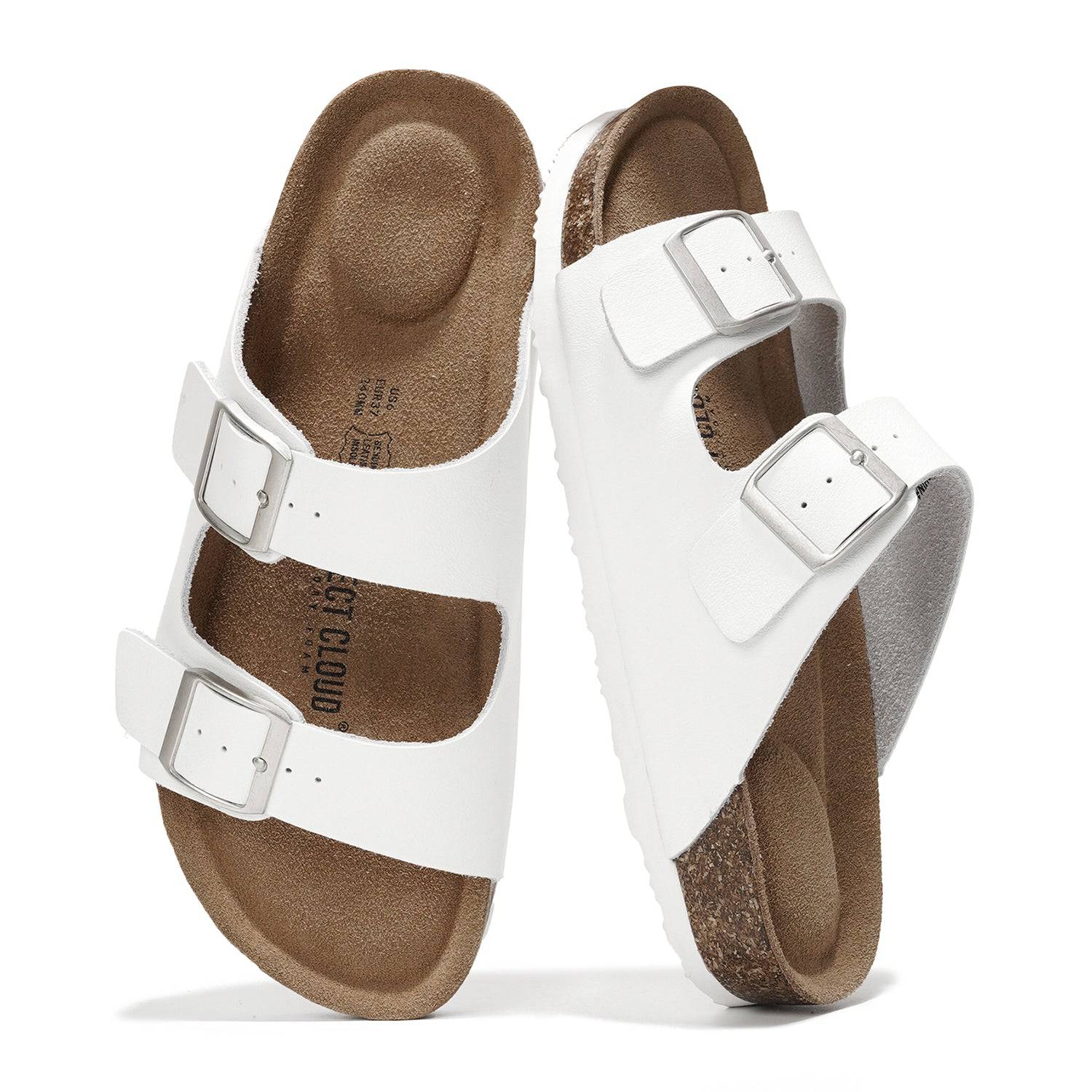 Project Cloud Venita White Leather Sandals. Adjustable buckle straps, cork footbed, memory foam slides for women.