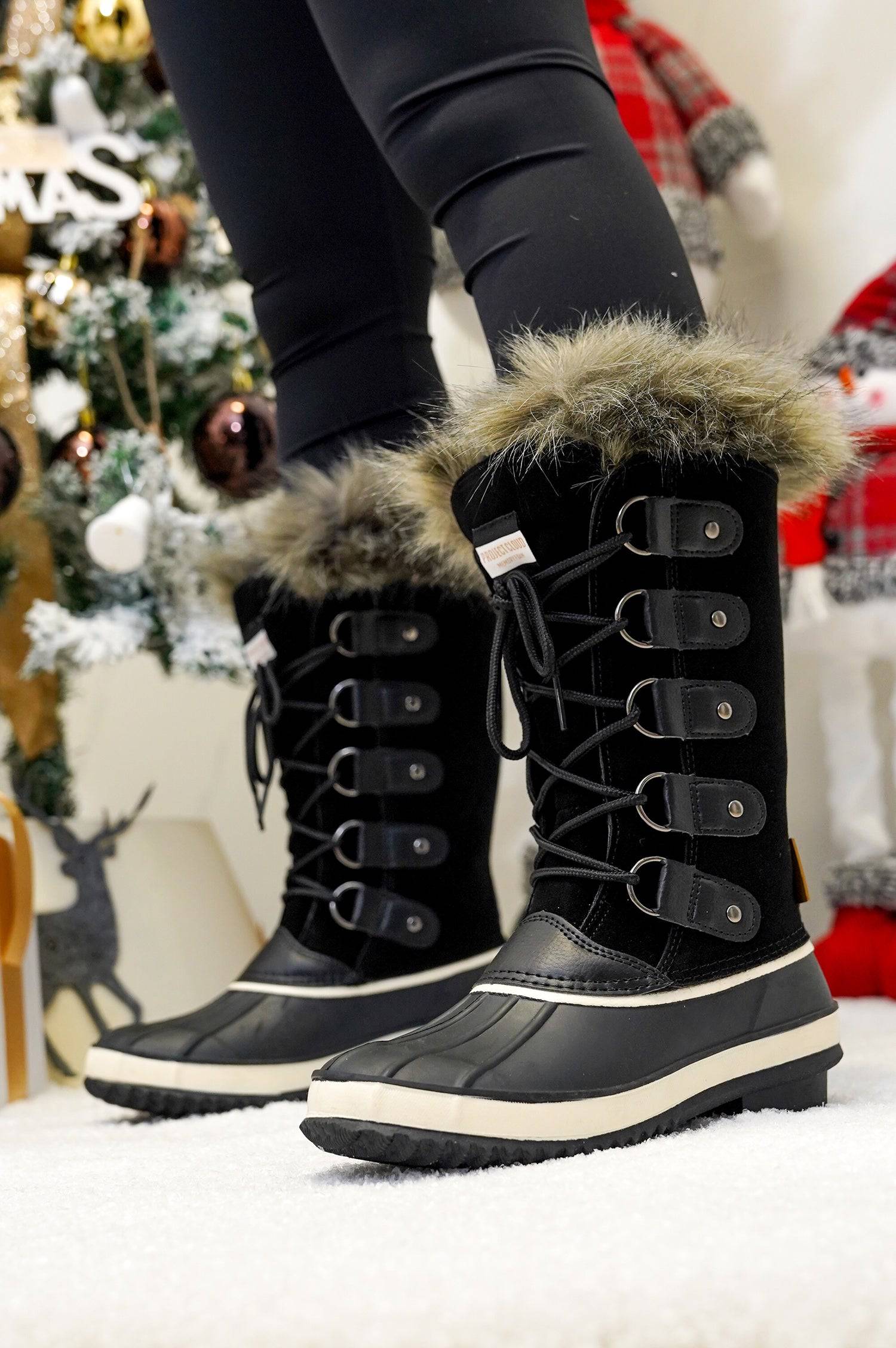 Ventura Women's Black Snow Boots with Fur Trim, Waterproof Leather, Lace-up Design by Project Cloud, perfect for Winter