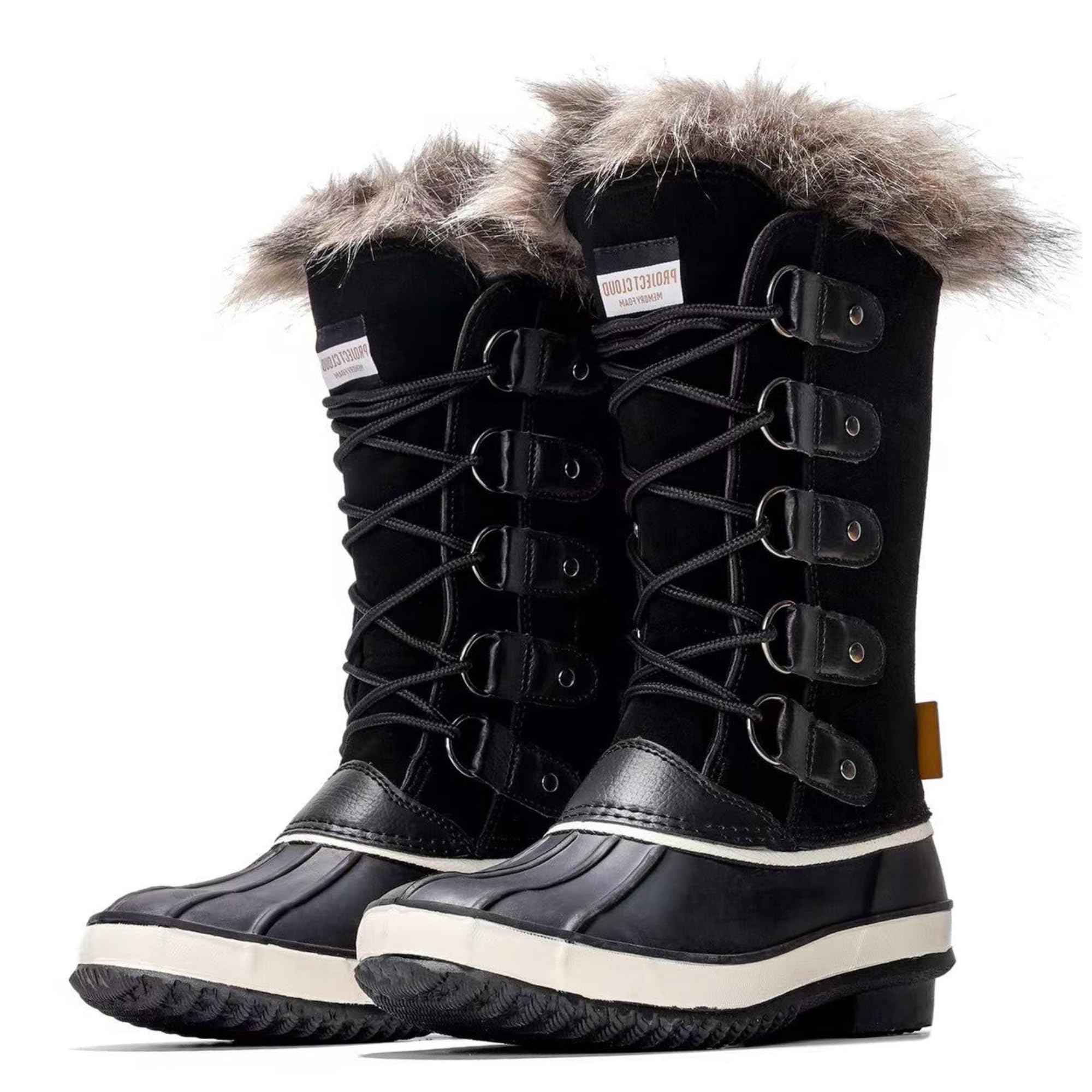 Ventura Women's Snow Boots in Black with fur trim, waterproof leather, memory foam insole, perfect winter wear