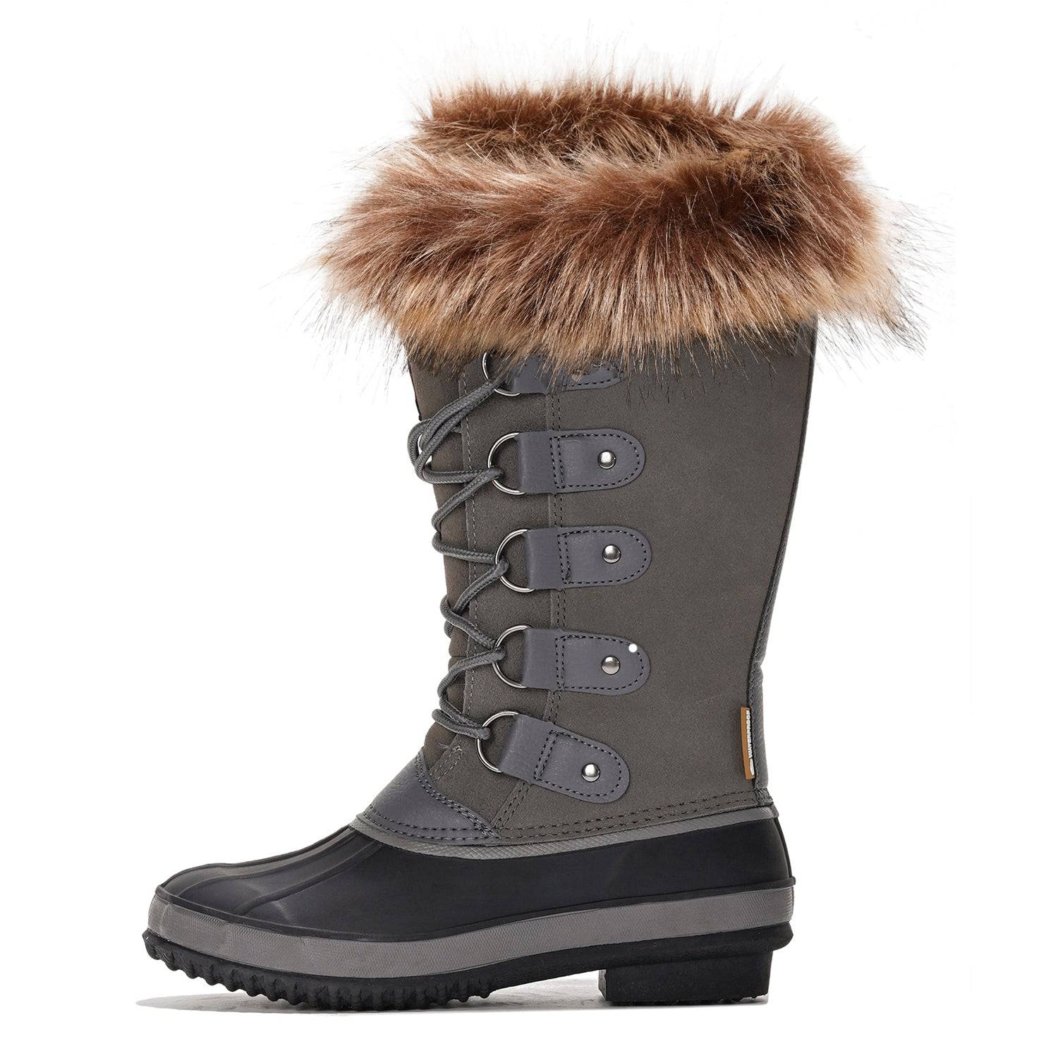 Ventura Women's Grey Snow Boots with Fur Trim, Waterproof Leather, and Lace-up Design for Winter