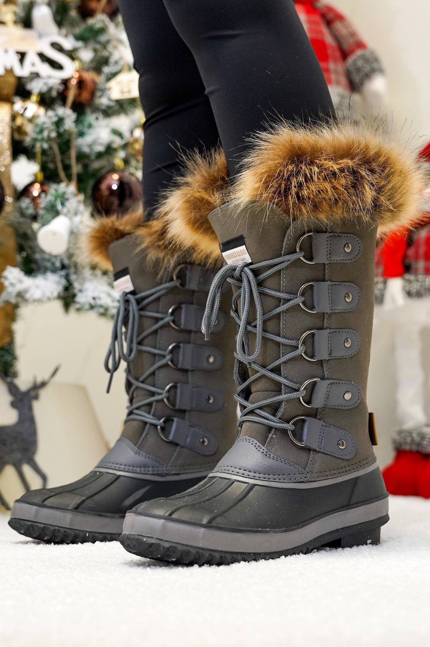 Project Cloud Ventura grey snow boots with fur trim, lace-up design, waterproof leather, mid-calf, perfect for winter.