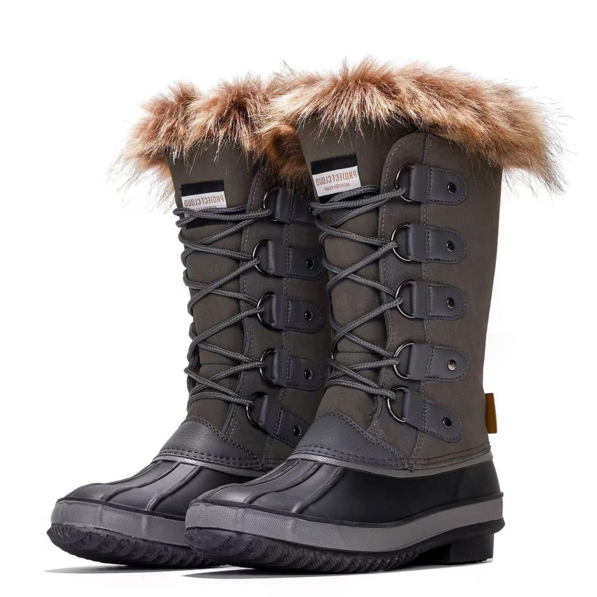 Ventura Women's Snow Boots in Grey. Mid-calf winter boots with waterproof leather, fur trim and Project Cloud logo.
