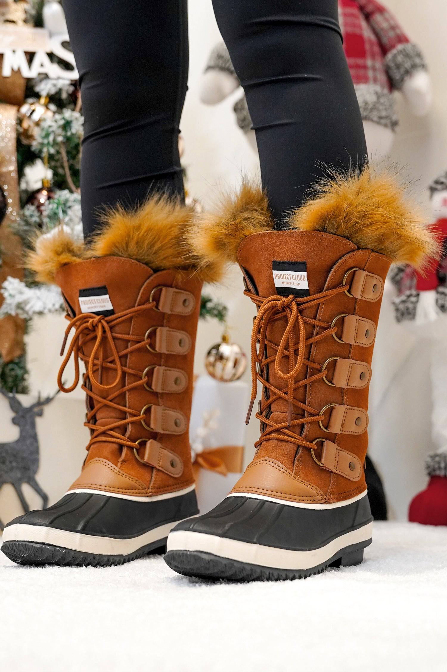 Ventura Women's Brown Winter Snow Boots with Fur Trim by Project Cloud, Waterproof Leather and Memory Foam Insole