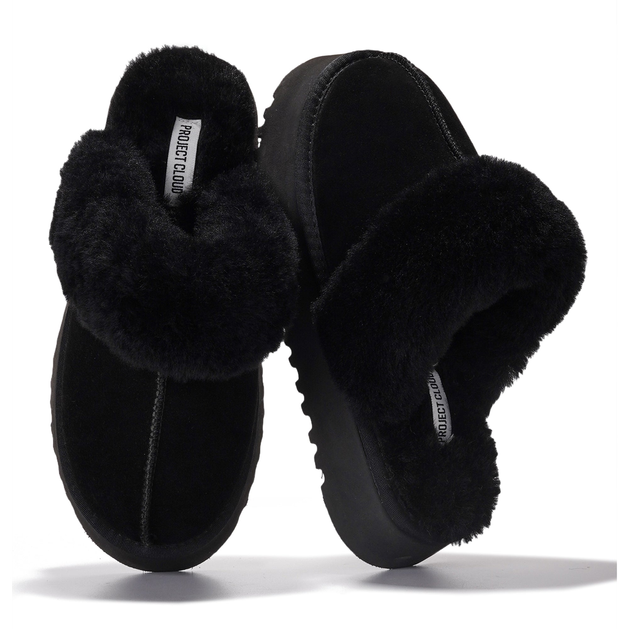 Project Cloud Viki platform slippers for women in black suede with plush fur trim and memory foam, featuring non-slip sole.