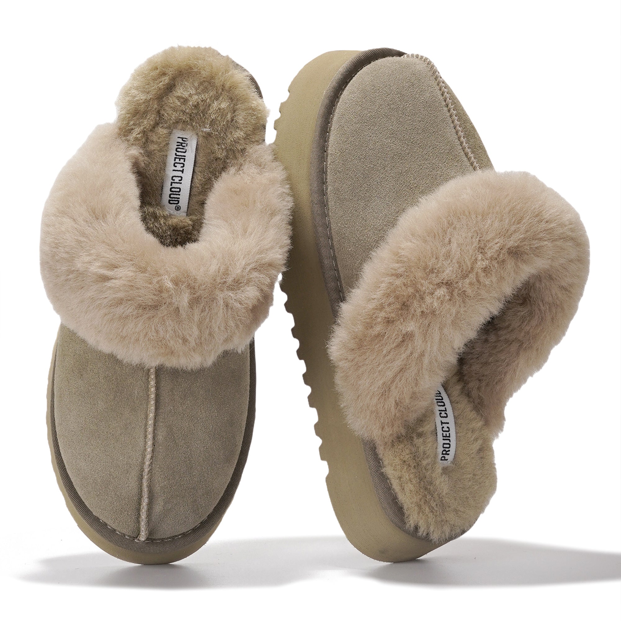 Project Cloud Viki Platform Suede Slippers for Women, featuring plush fur lining and memory foam.