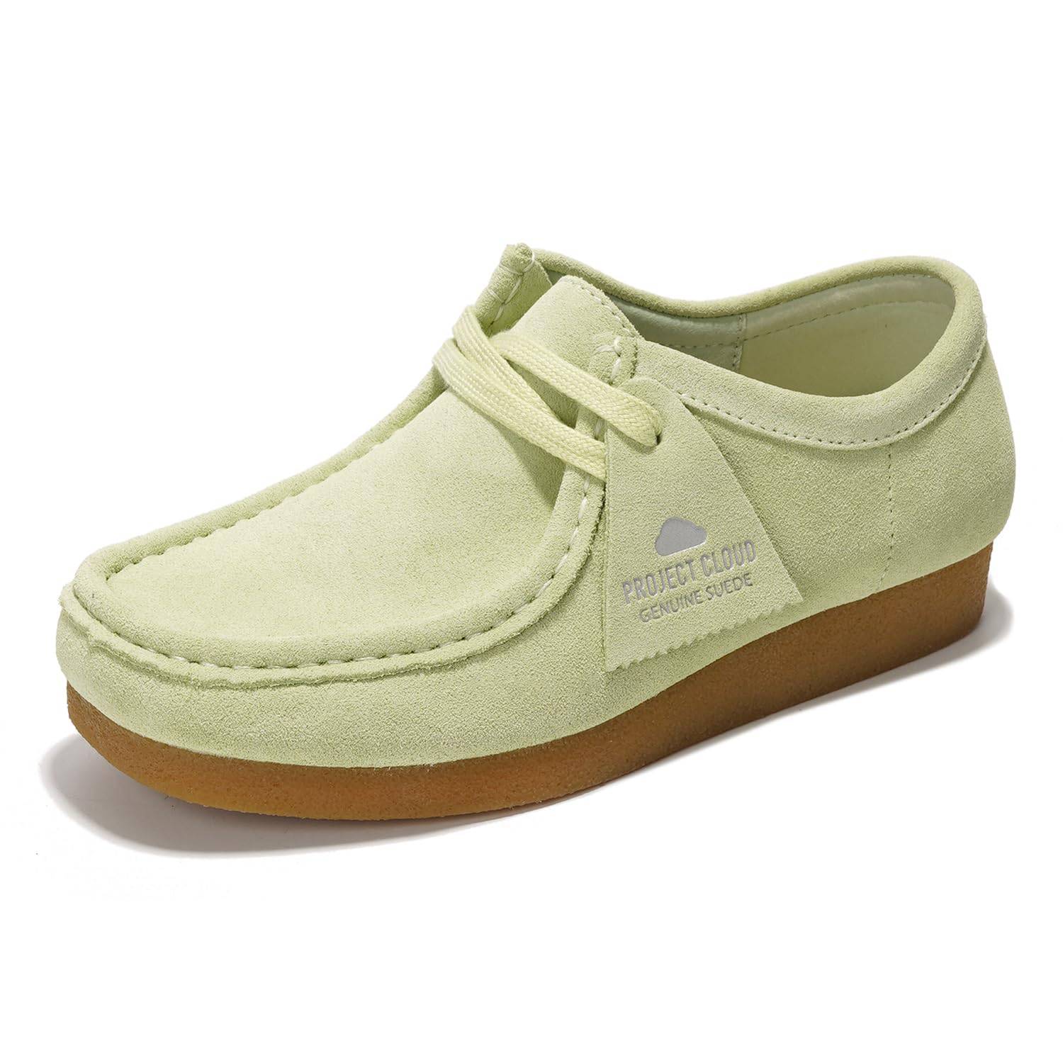 Project Cloud Wally Oxford shoes for women, light green suede leather, casual loafers, memory foam insole.