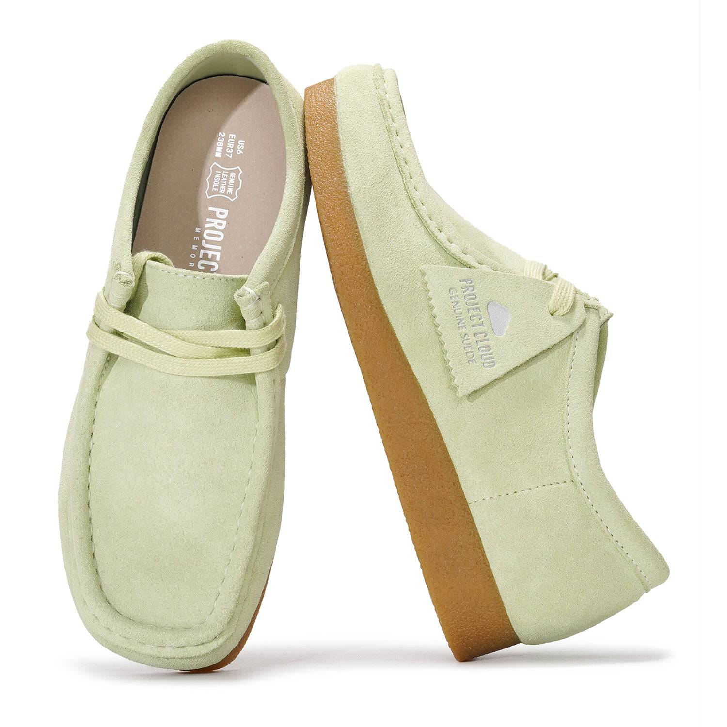 Project Cloud Wally Oxford shoes for women, pale green suede leather, memory foam insole, casual loafers
