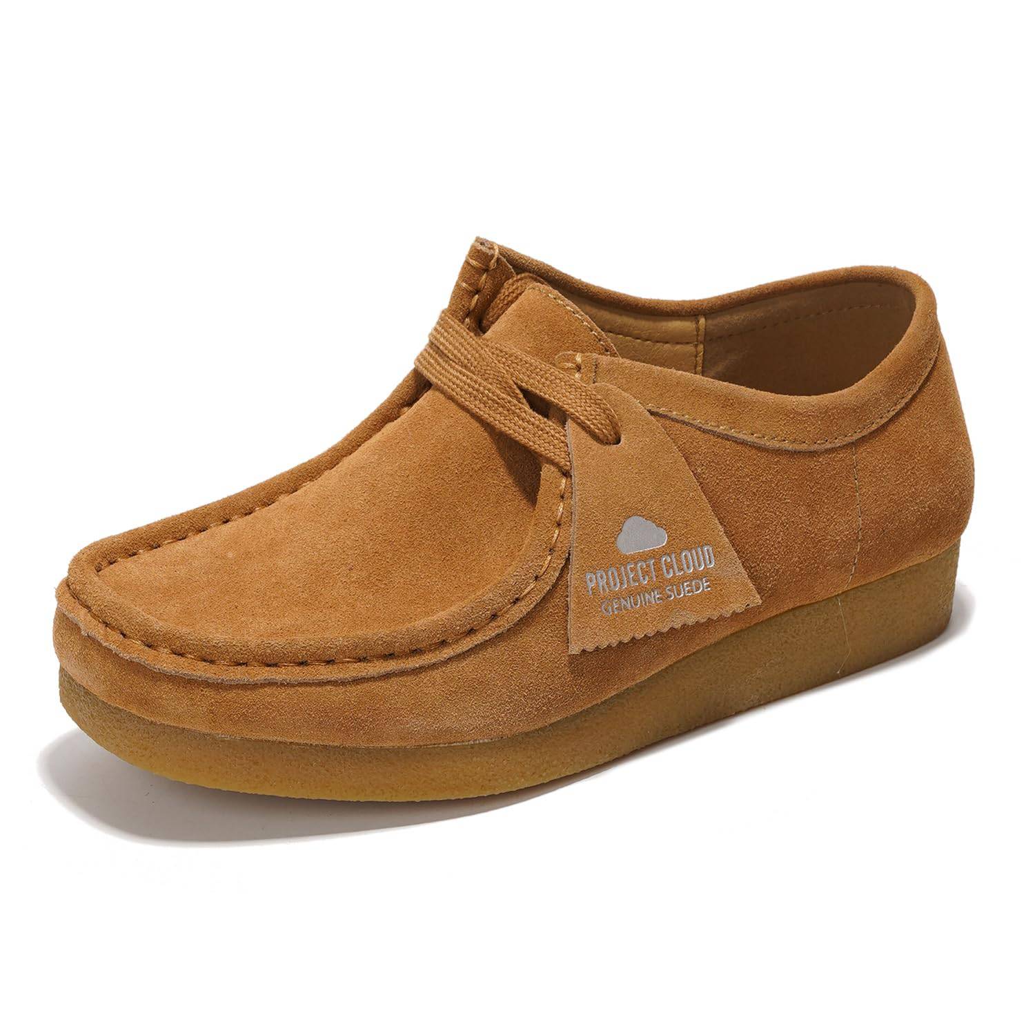 Project Cloud Wally Oxford shoes for women in tan suede leather, casual loafers with memory foam insole, Genuine Suede label.