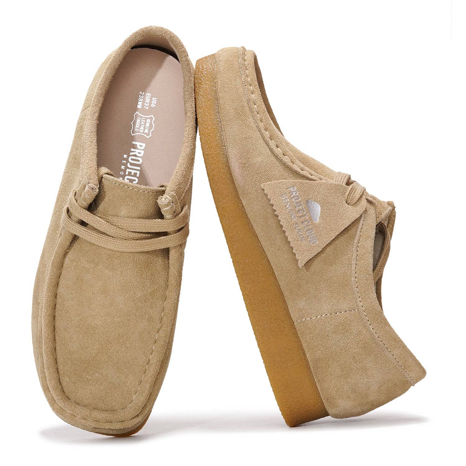 Tan Project Cloud Wally Oxford shoes, suede leather, memory foam insole, casual loafers.
