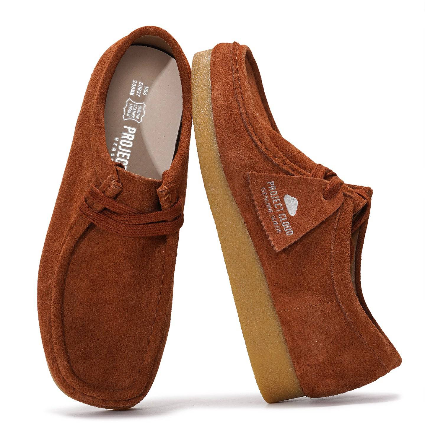 Brown suede Project Cloud Wally Oxford shoes. Memory foam insole, casual loafers.