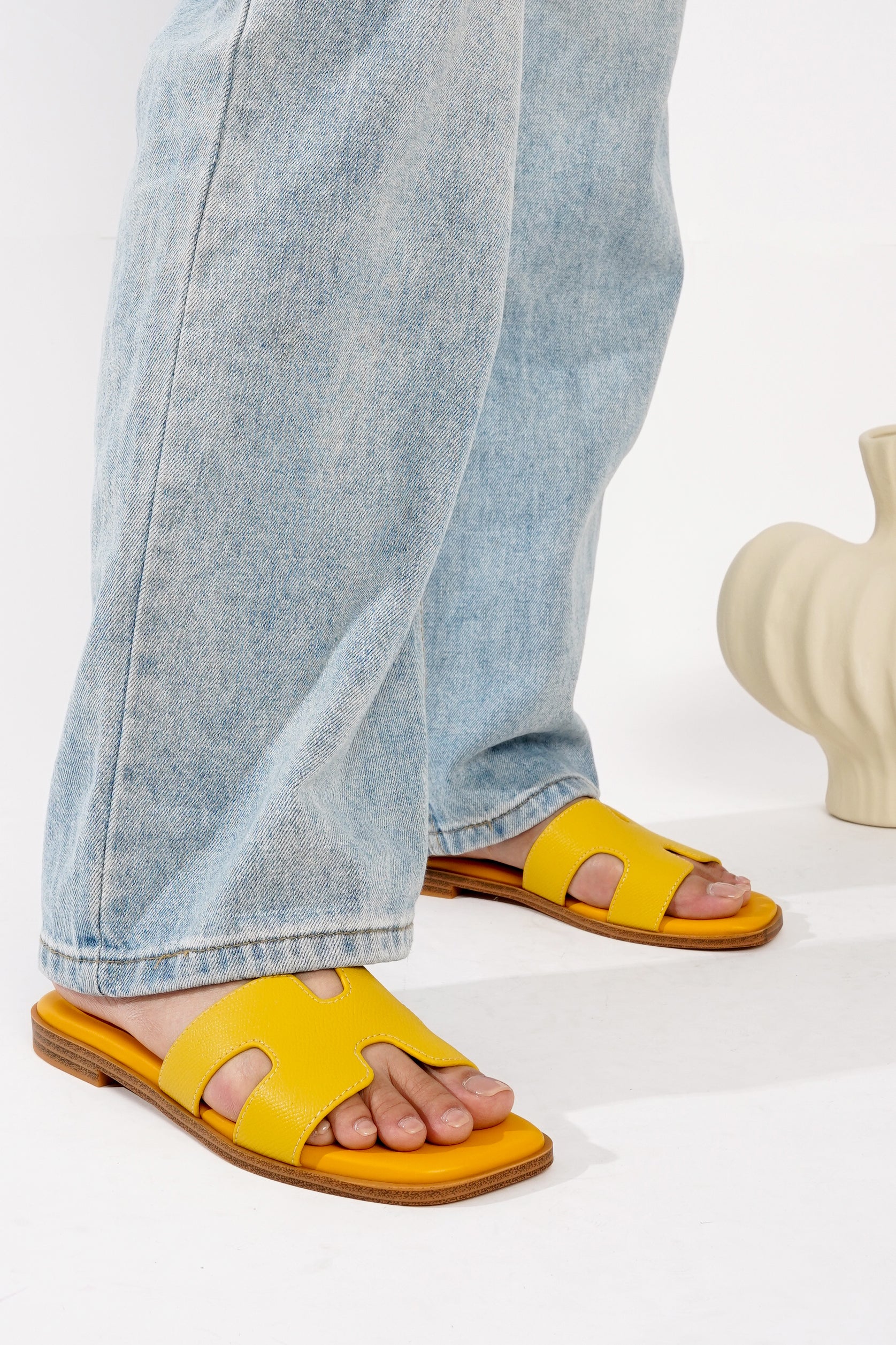Yellow leather women's H-shaped sandals. Leather slides for summer style and comfort. Memory foam insole.