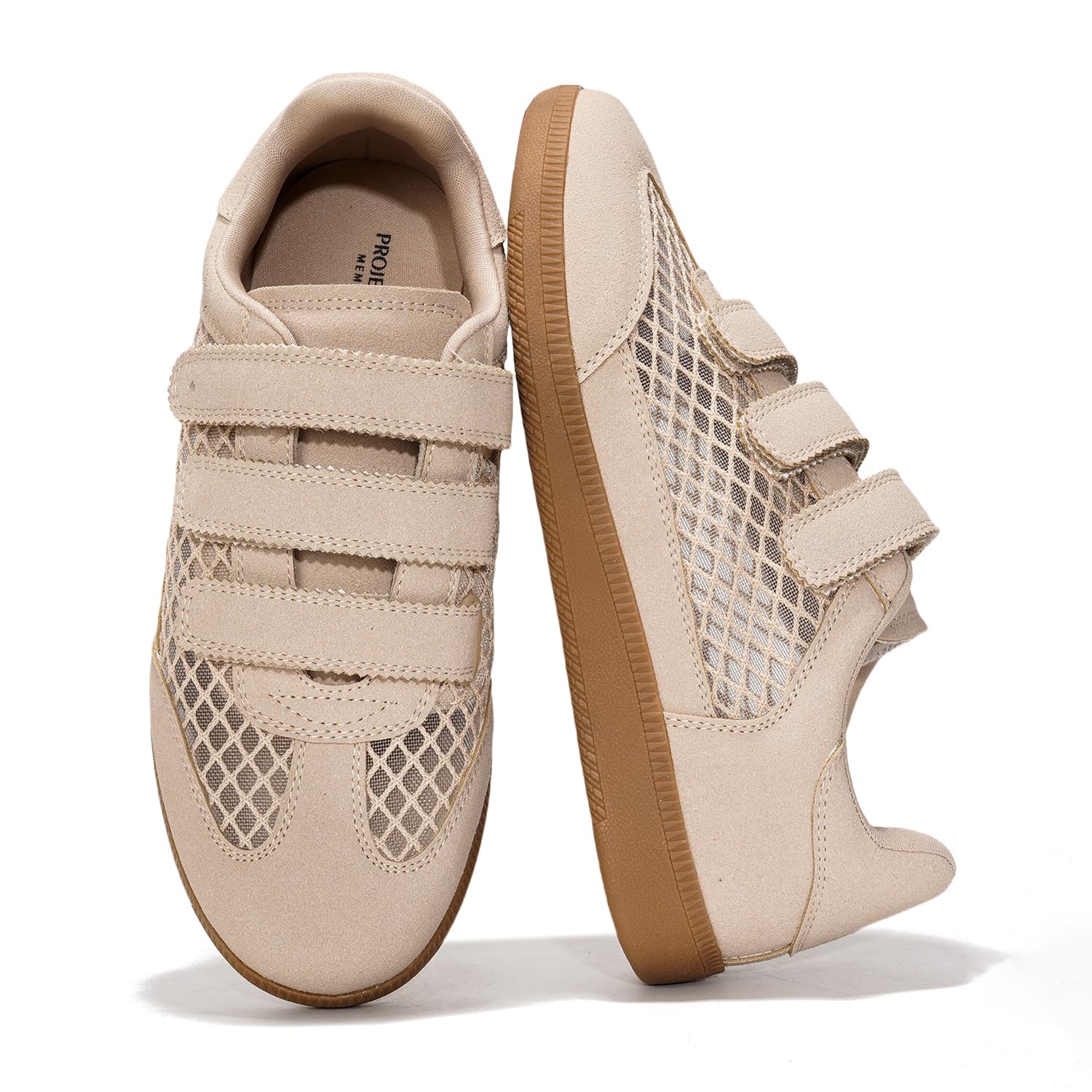 Project Cloud "Ysabelle" beige vegan sneakers: mesh, velcro straps, lightweight, non-slip design.