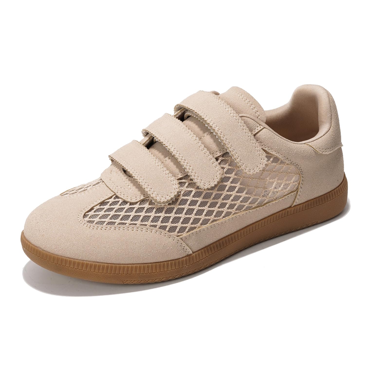 Ysabelle beige vegan sneakers: mesh, velcro, non-slip. Lightweight trendy footwear for women.
