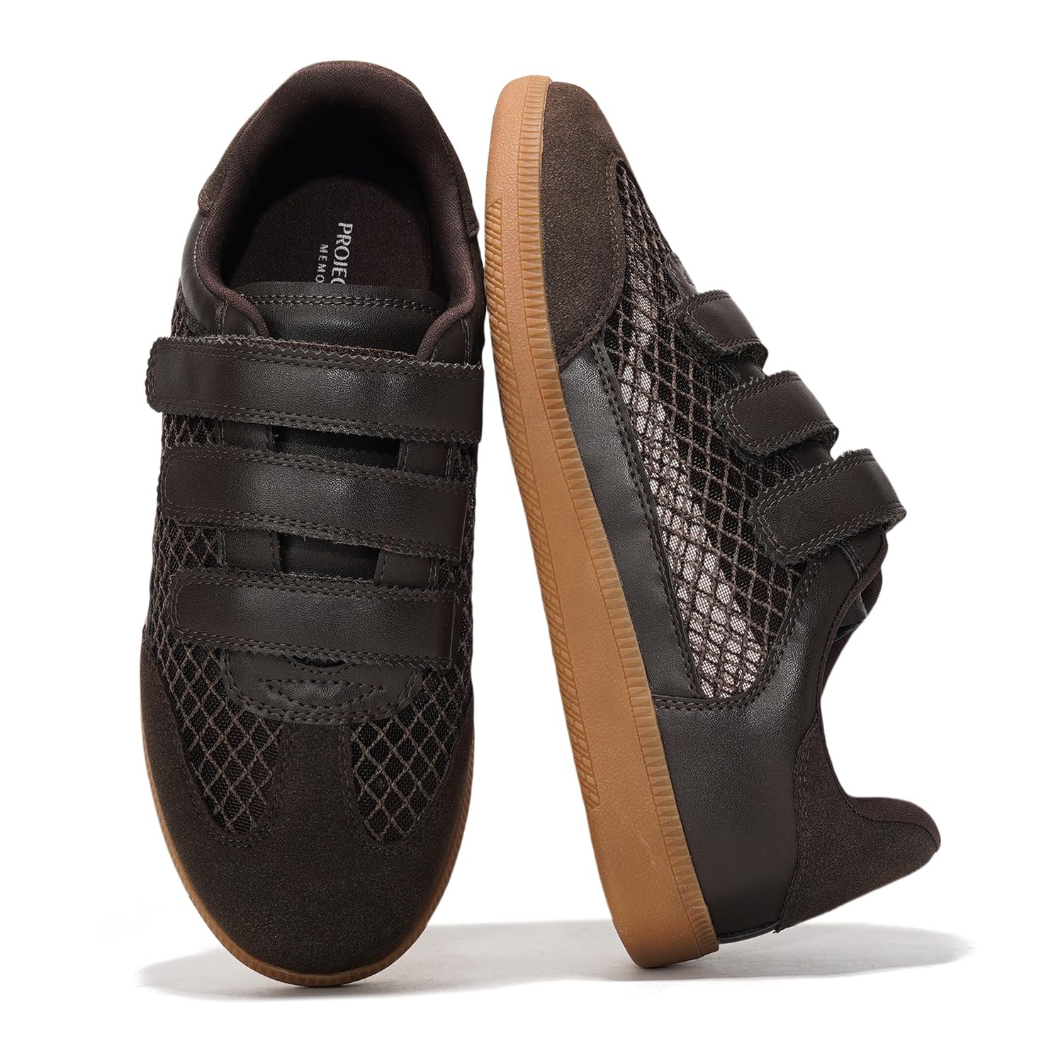 Ysabelle brown vegan sneakers, mesh and velcro straps. Lightweight women's sneakers.