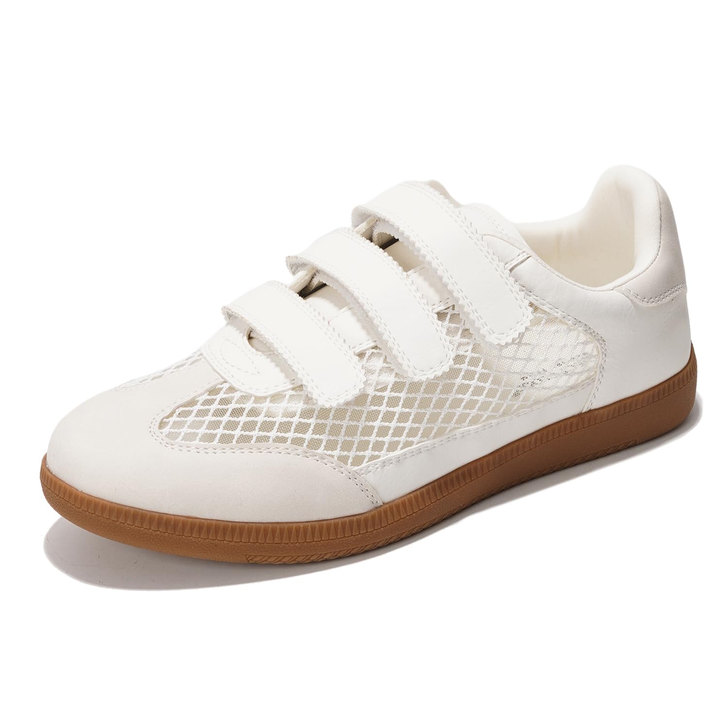 Ysabelle white vegan sneakers with mesh detail, velcro straps, and brown sole, lightweight footwear.