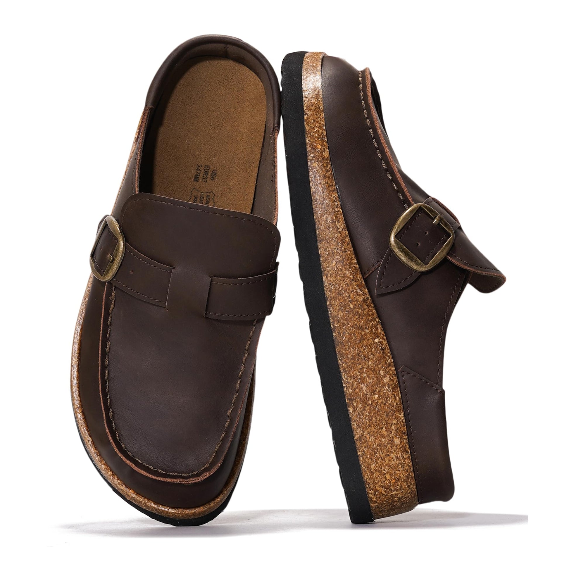Brown leather Project Cloud Carline clog with adjustable buckle, cork sole, and non-slip sole.