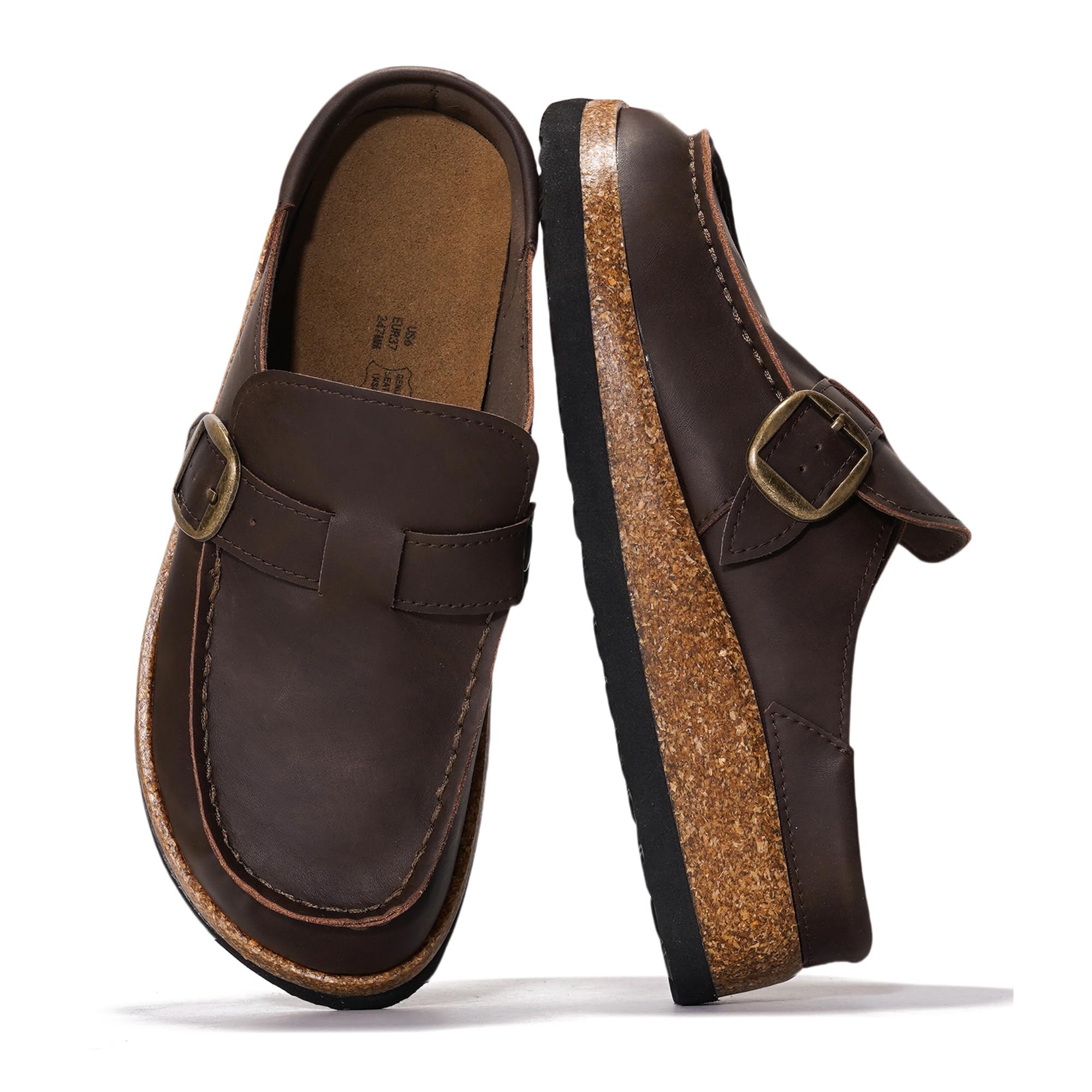 Brown leather Project Cloud Carline clog with adjustable buckle, cork sole, and non-slip sole.