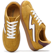 Project Cloud Irita women's mustard suede sneakers with white laces, memory foam, and non-slip rubber sole.