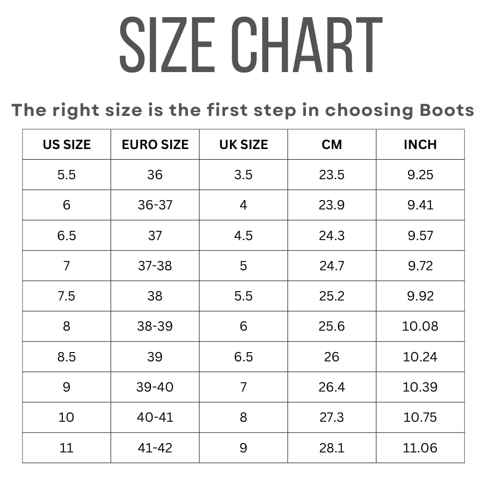 Project Cloud Leonora Snow Boots Size Chart - US, Euro, UK sizing with CM and Inch measurements for accurate fit.