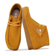 Project Cloud mustard suede Wally Boot. Women's ankle boot with memory foam, and non-slip sole.