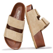 Project Cloud Pismo Platform Sandals in Beige. Featuring suede straps, cork wedge, memory foam insole, and non-slip sole.